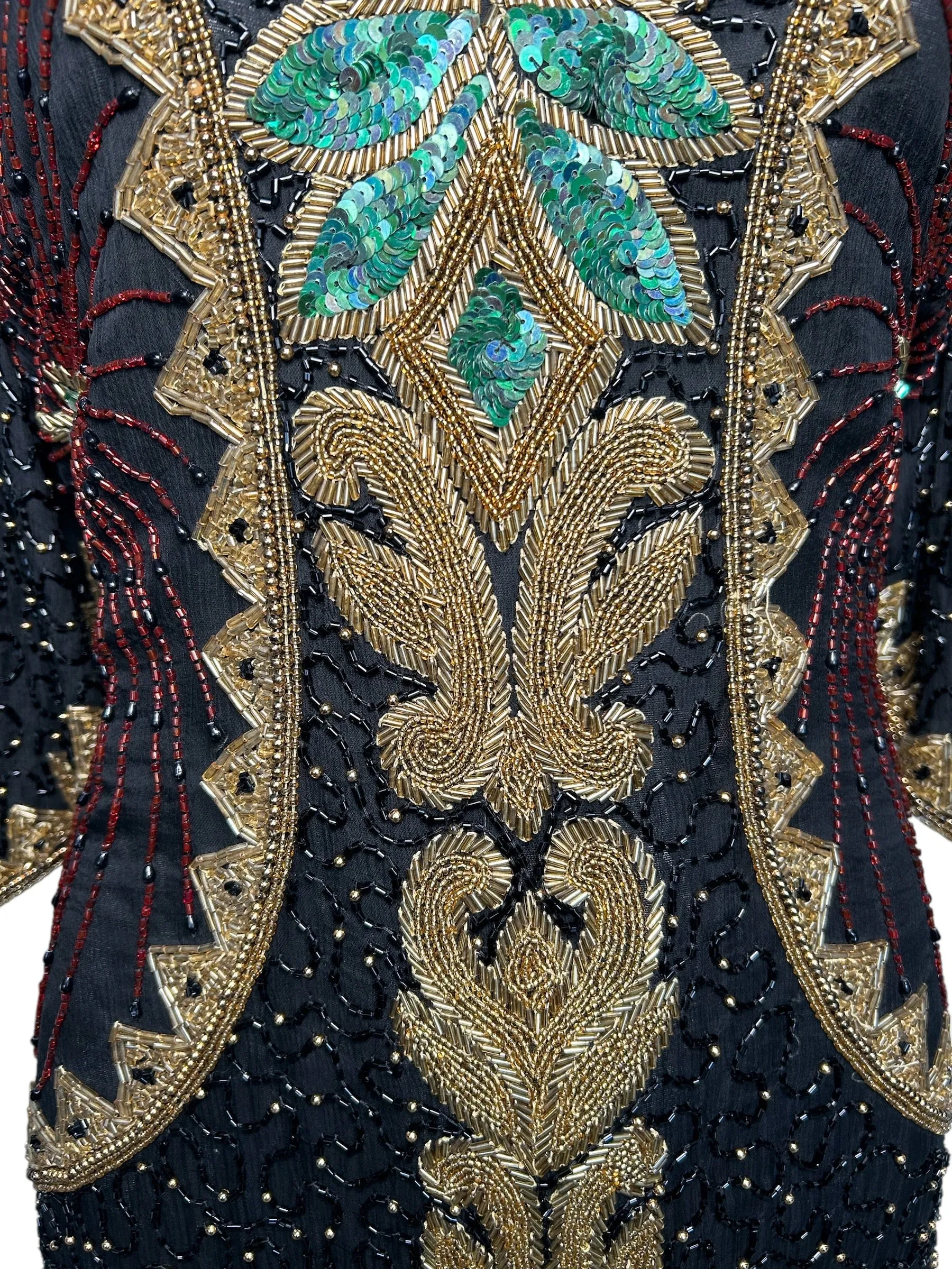 1980's Intricately Beaded Black & Gold Silk Holiday Gown with Back Sash,  Plus Size