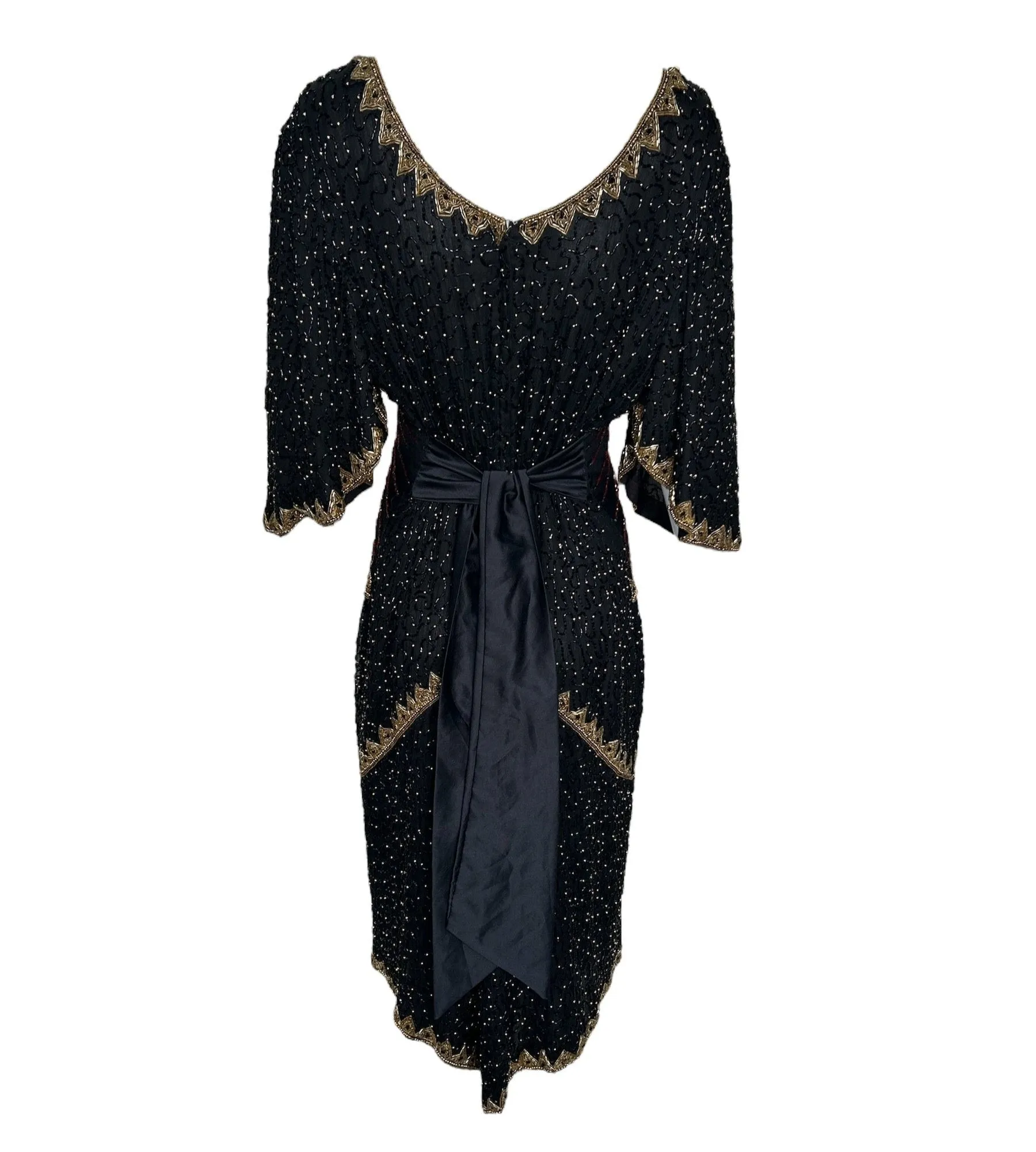 1980's Intricately Beaded Black & Gold Silk Holiday Gown with Back Sash,  Plus Size