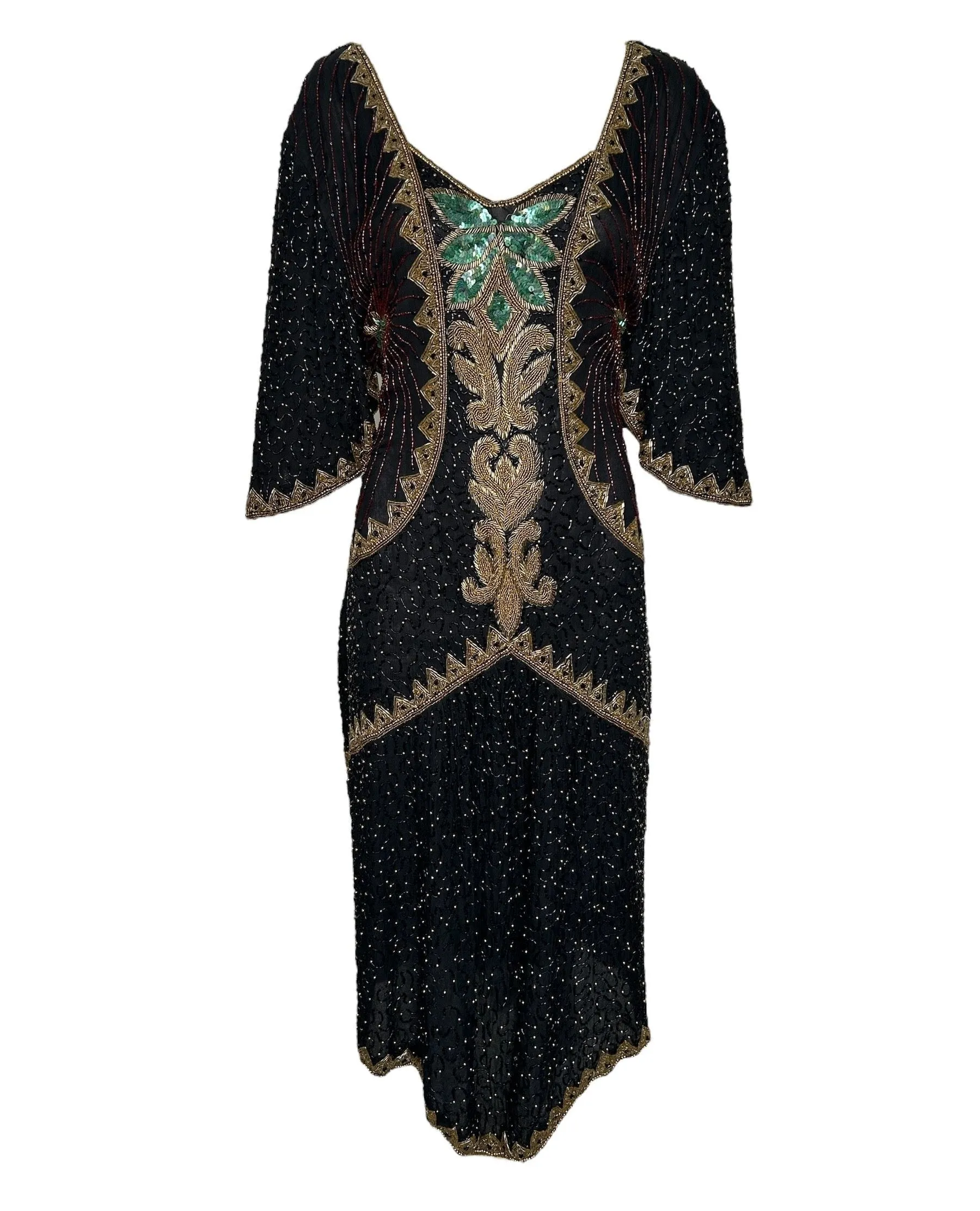 1980's Intricately Beaded Black & Gold Silk Holiday Gown with Back Sash,  Plus Size