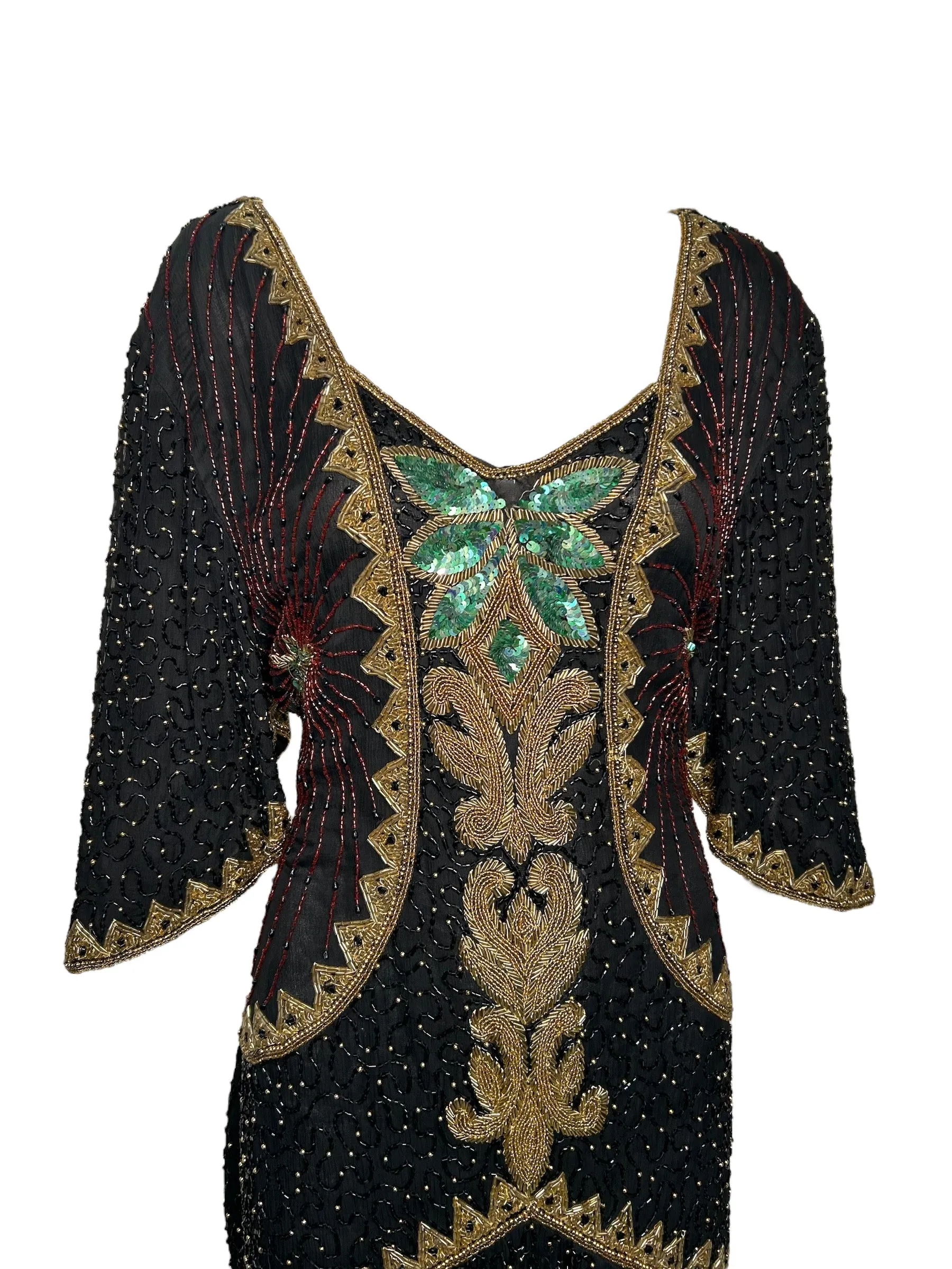 1980's Intricately Beaded Black & Gold Silk Holiday Gown with Back Sash,  Plus Size