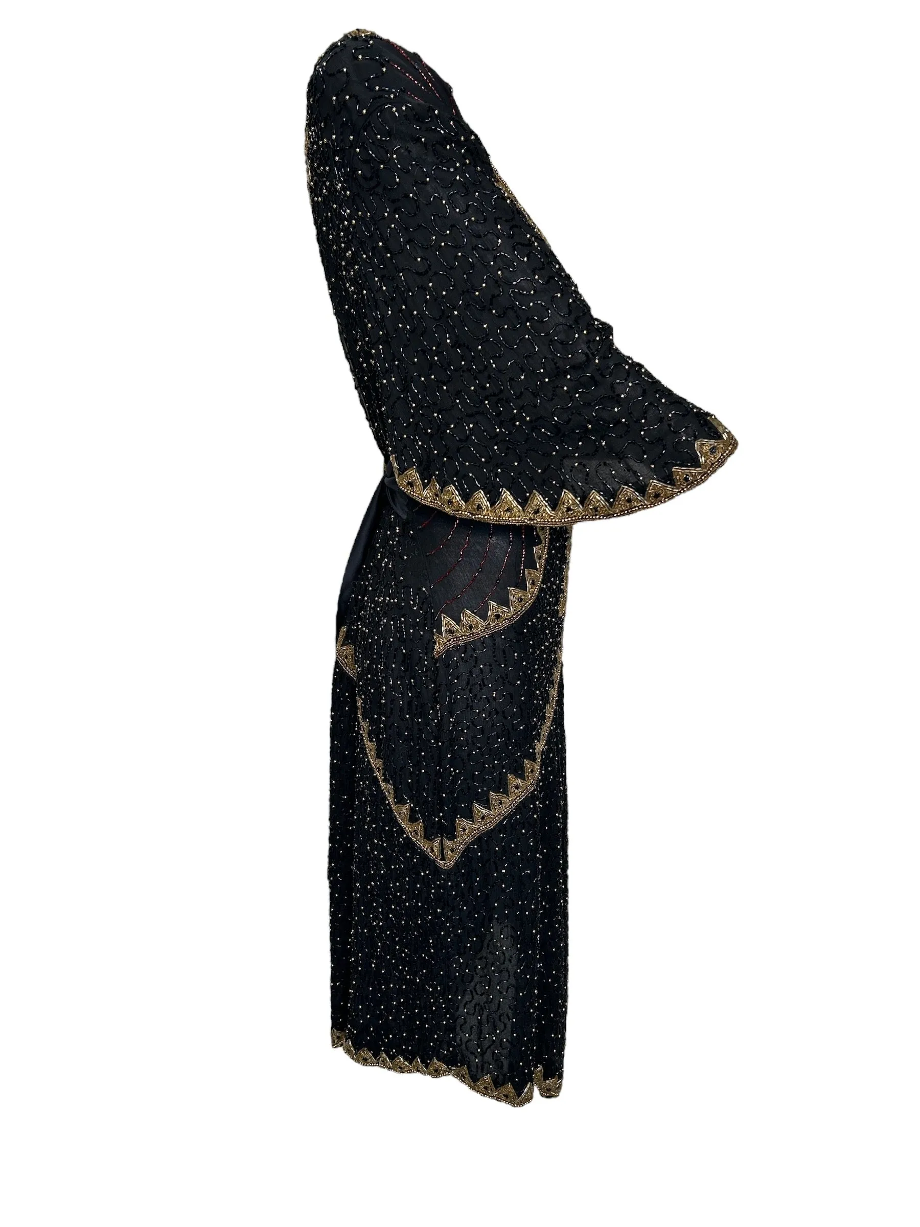 1980's Intricately Beaded Black & Gold Silk Holiday Gown with Back Sash,  Plus Size