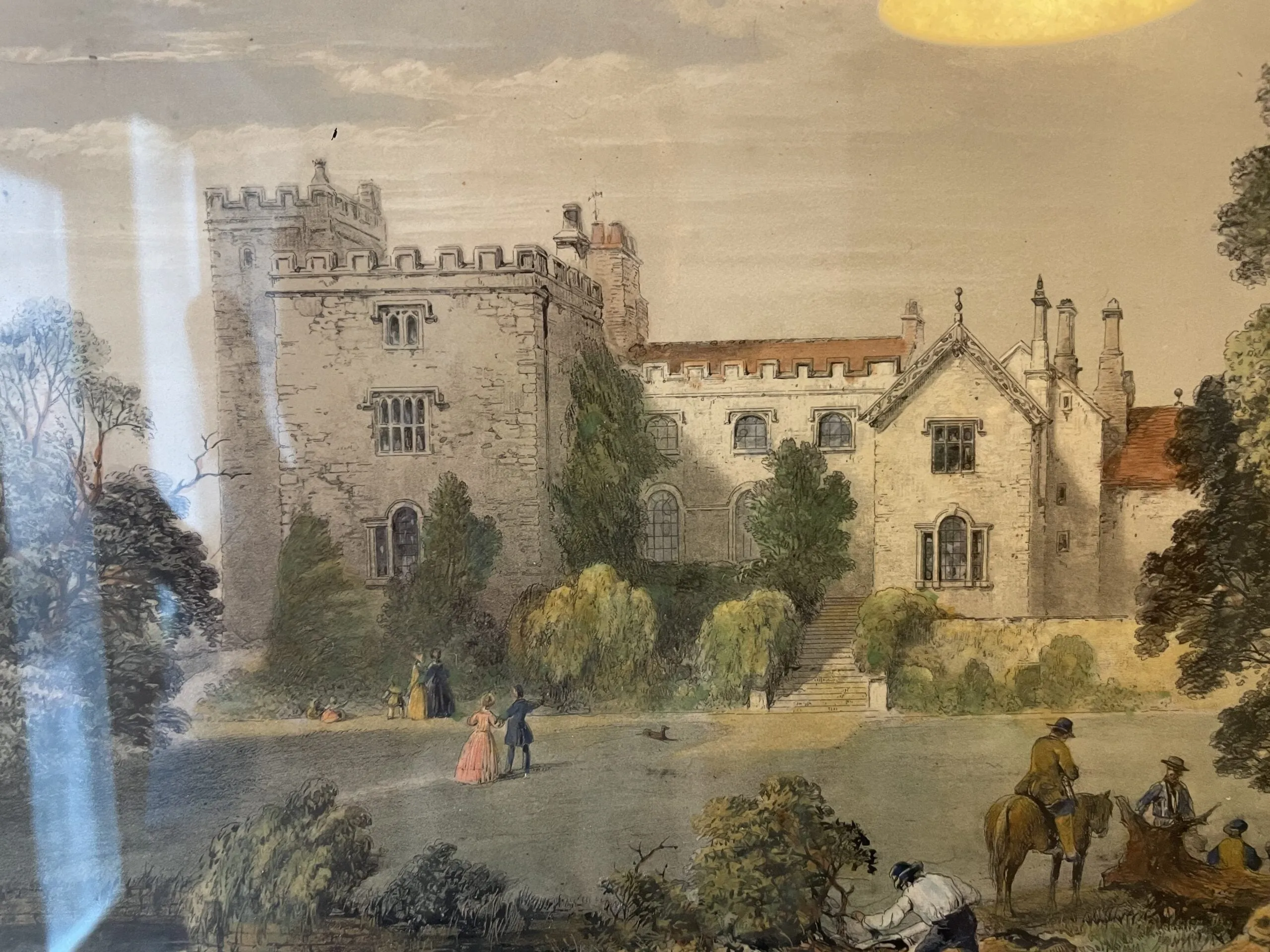 19th century hand coloured  engraving Sizergh Hall, Westmoreland