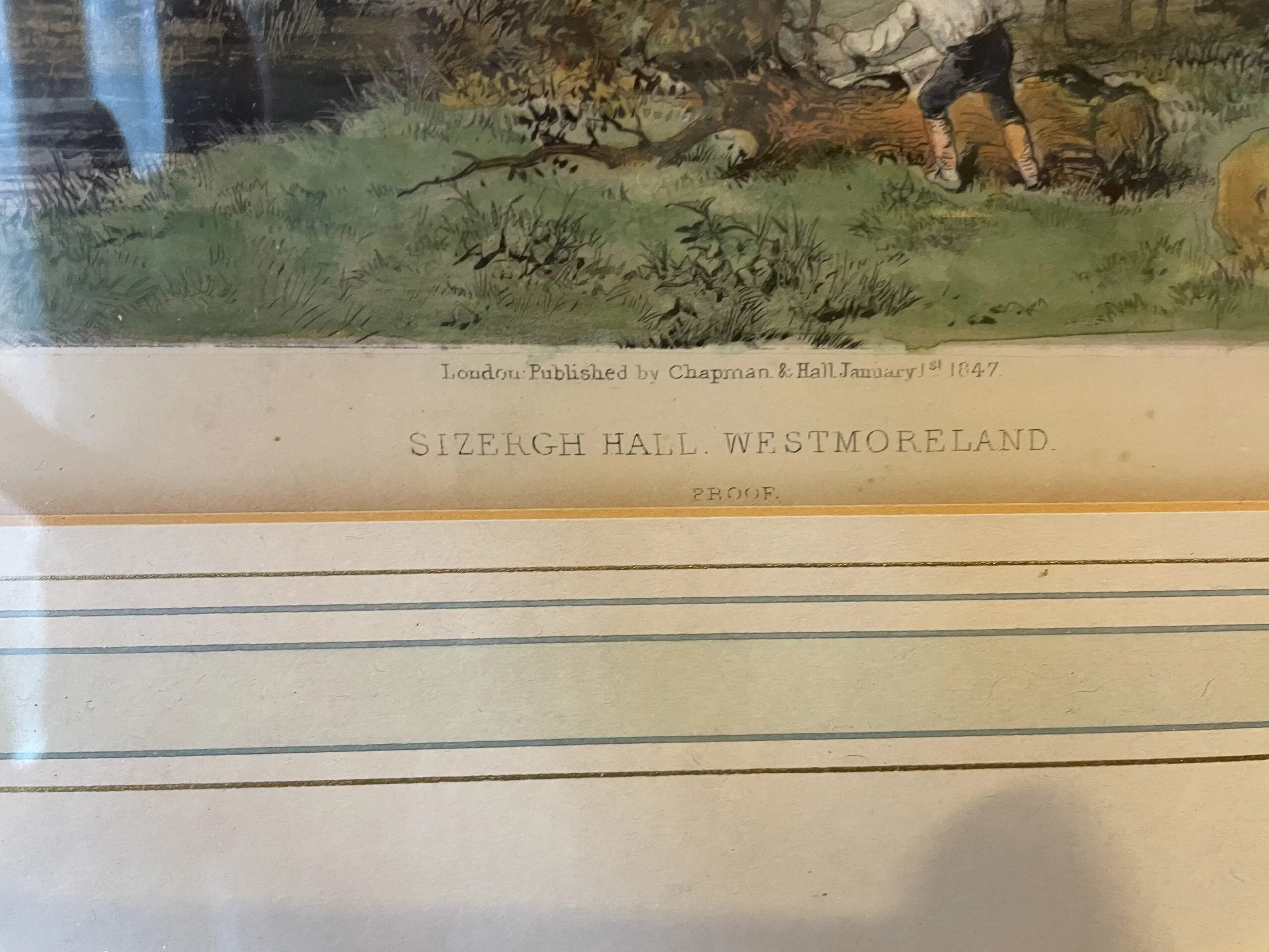 19th century hand coloured  engraving Sizergh Hall, Westmoreland