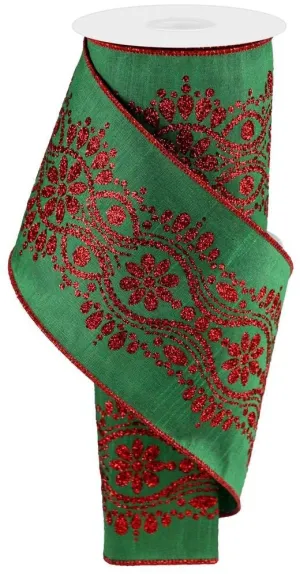 4" Luxurious Center Dupioni Ribbon: Emerald/Red - 10yds