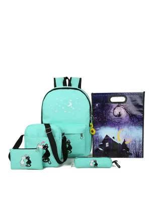 5 Pcs/set Women Backpacks Cute Cat School Bags