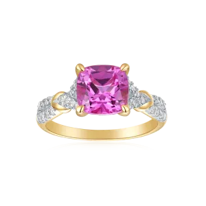 9ct Yellow Gold Cushion Cut 2.95 Carat Created Pink Sapphire 0.20 carat tw Rhodium Plated Ring