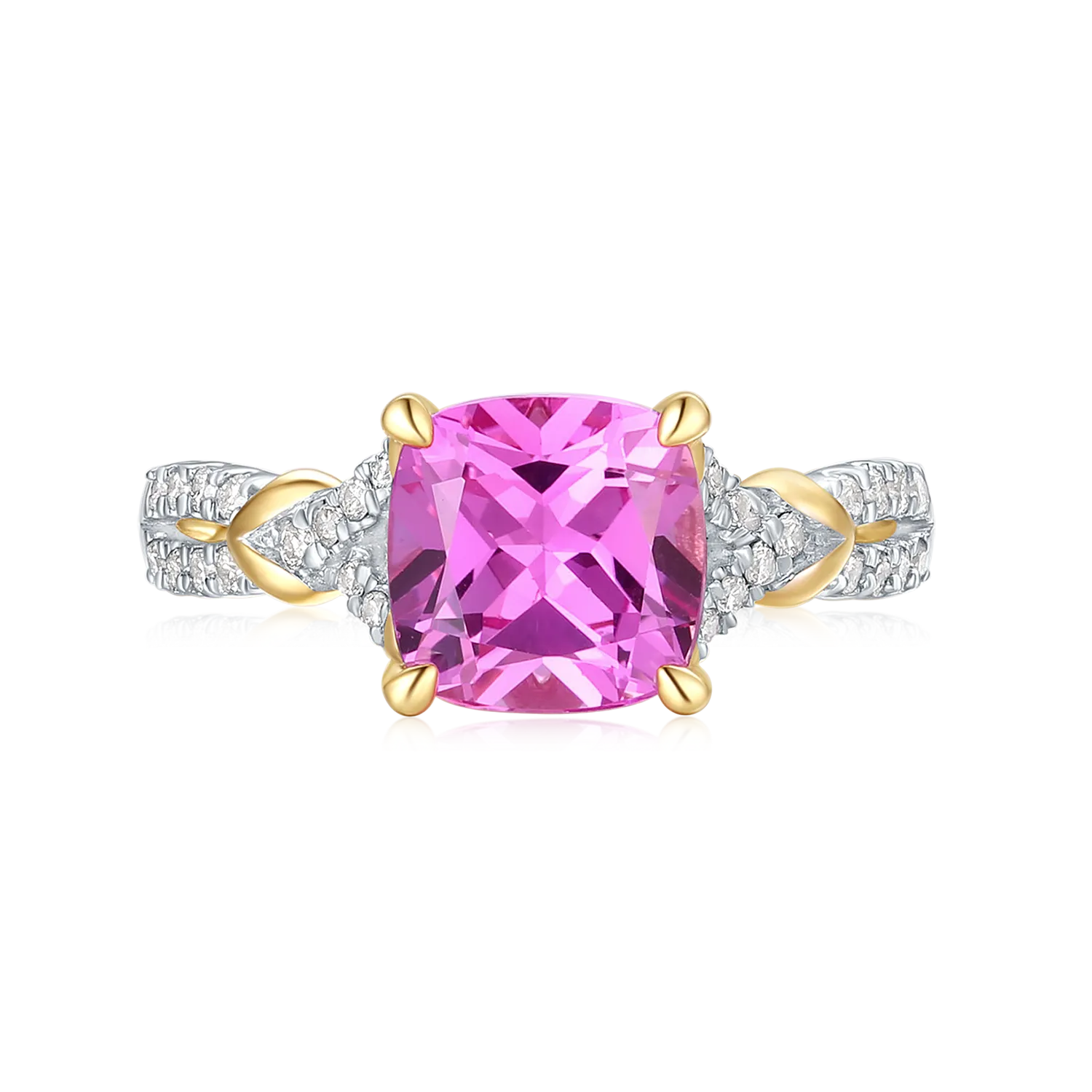 9ct Yellow Gold Cushion Cut 2.95 Carat Created Pink Sapphire 0.20 carat tw Rhodium Plated Ring