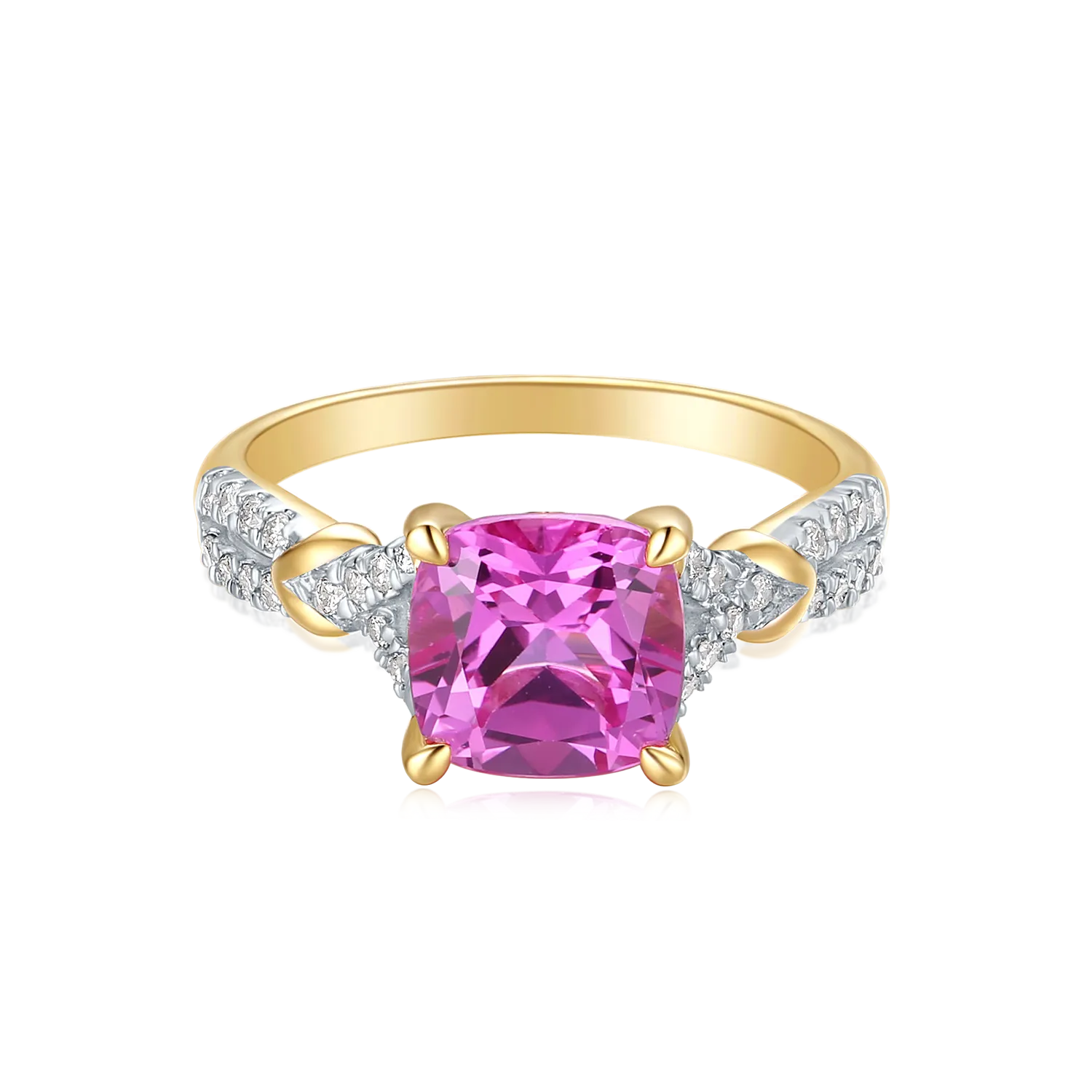 9ct Yellow Gold Cushion Cut 2.95 Carat Created Pink Sapphire 0.20 carat tw Rhodium Plated Ring