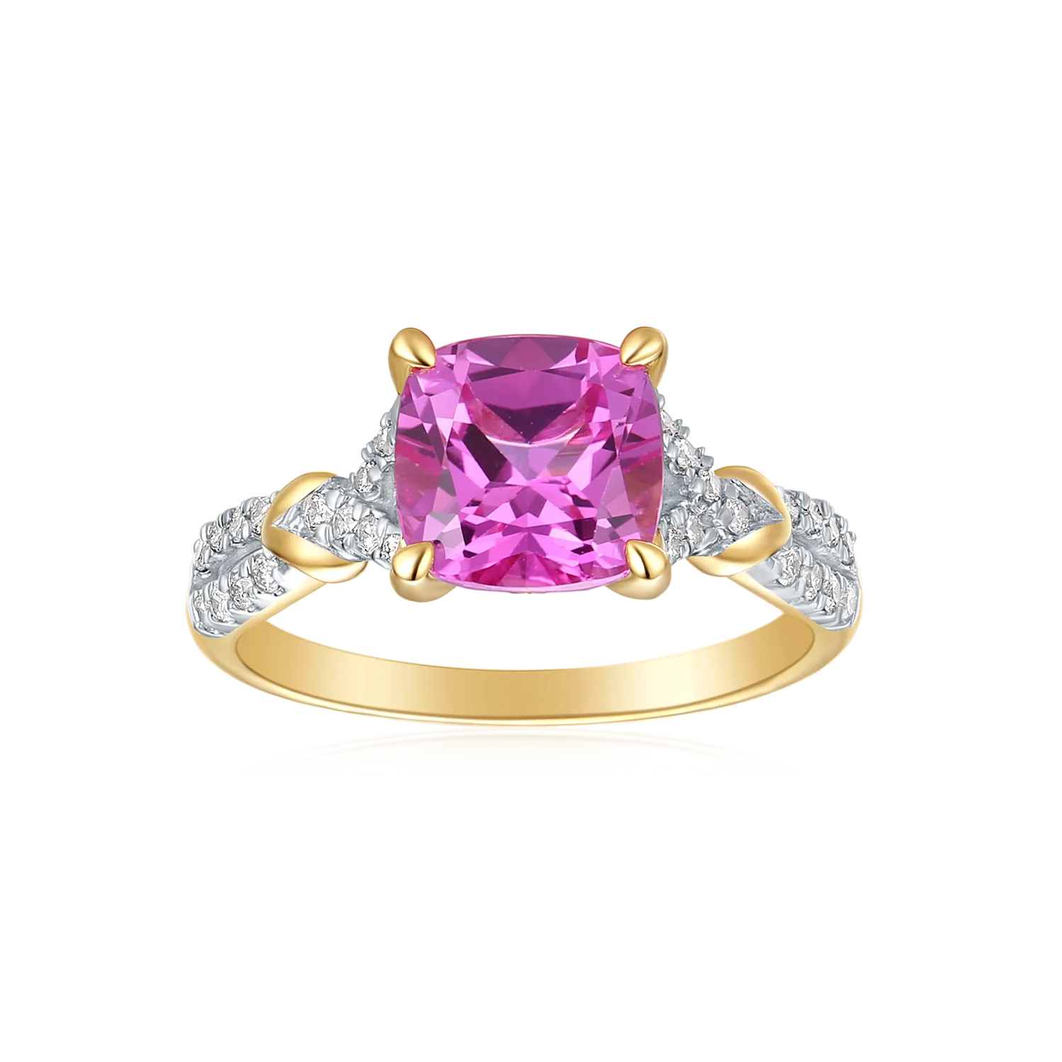 9ct Yellow Gold Cushion Cut 2.95 Carat Created Pink Sapphire 0.20 carat tw Rhodium Plated Ring