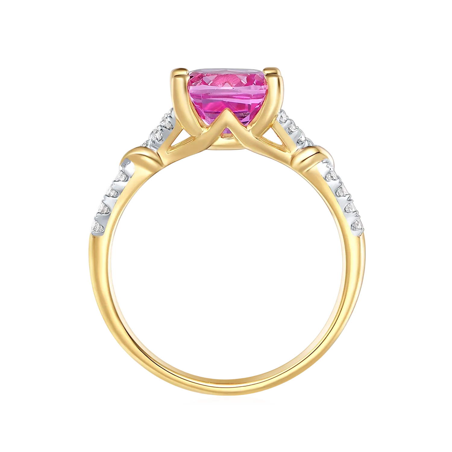 9ct Yellow Gold Cushion Cut 2.95 Carat Created Pink Sapphire 0.20 carat tw Rhodium Plated Ring