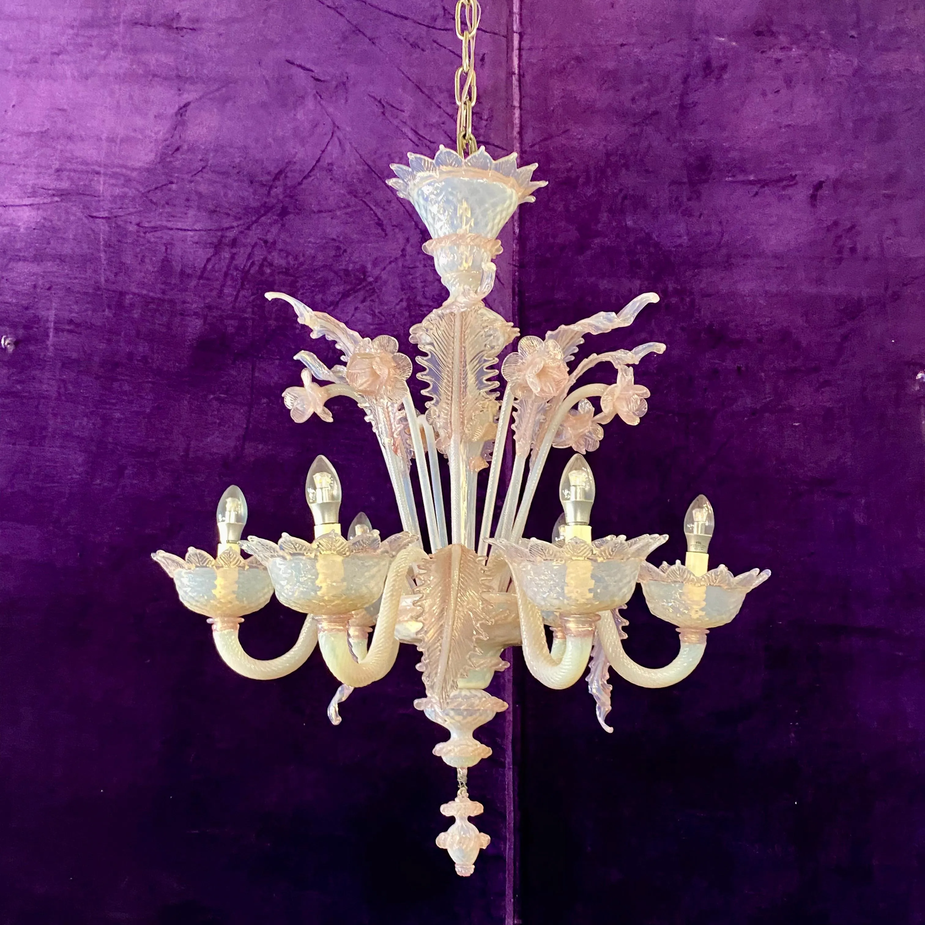 Absolutely Stunning and Unusual Milky Glass Pink Murano Chandelier - SOLD