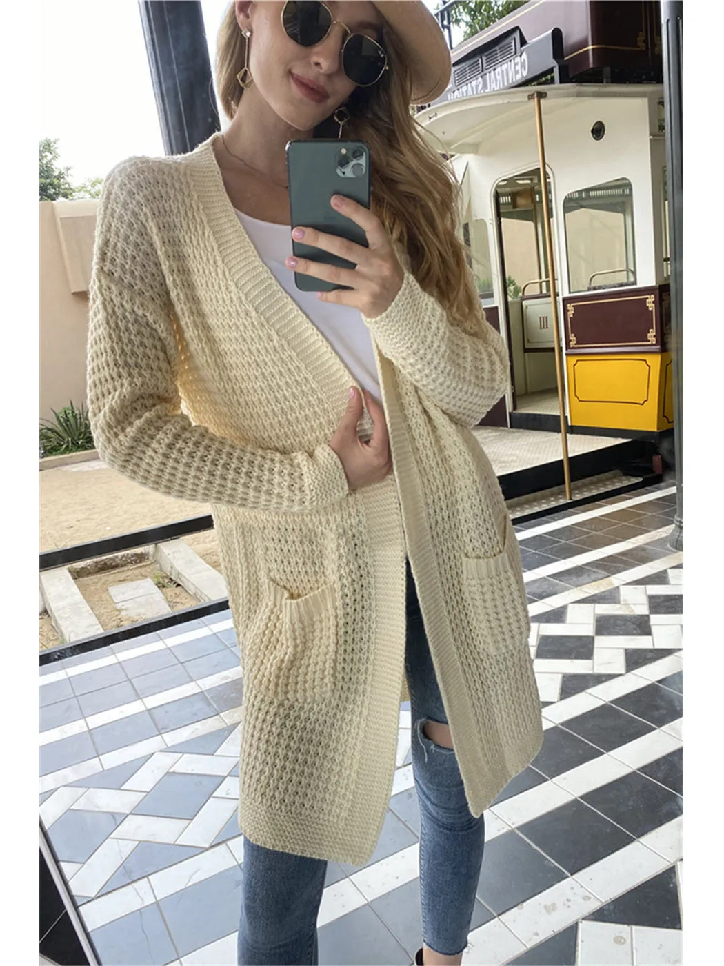 Anna-Kaci Women¡¯s Solid Knit Long Sleeve Cardigan with Pockets, Open Front Lightweight Drop Shoulder Waffle Sweater Cover Up