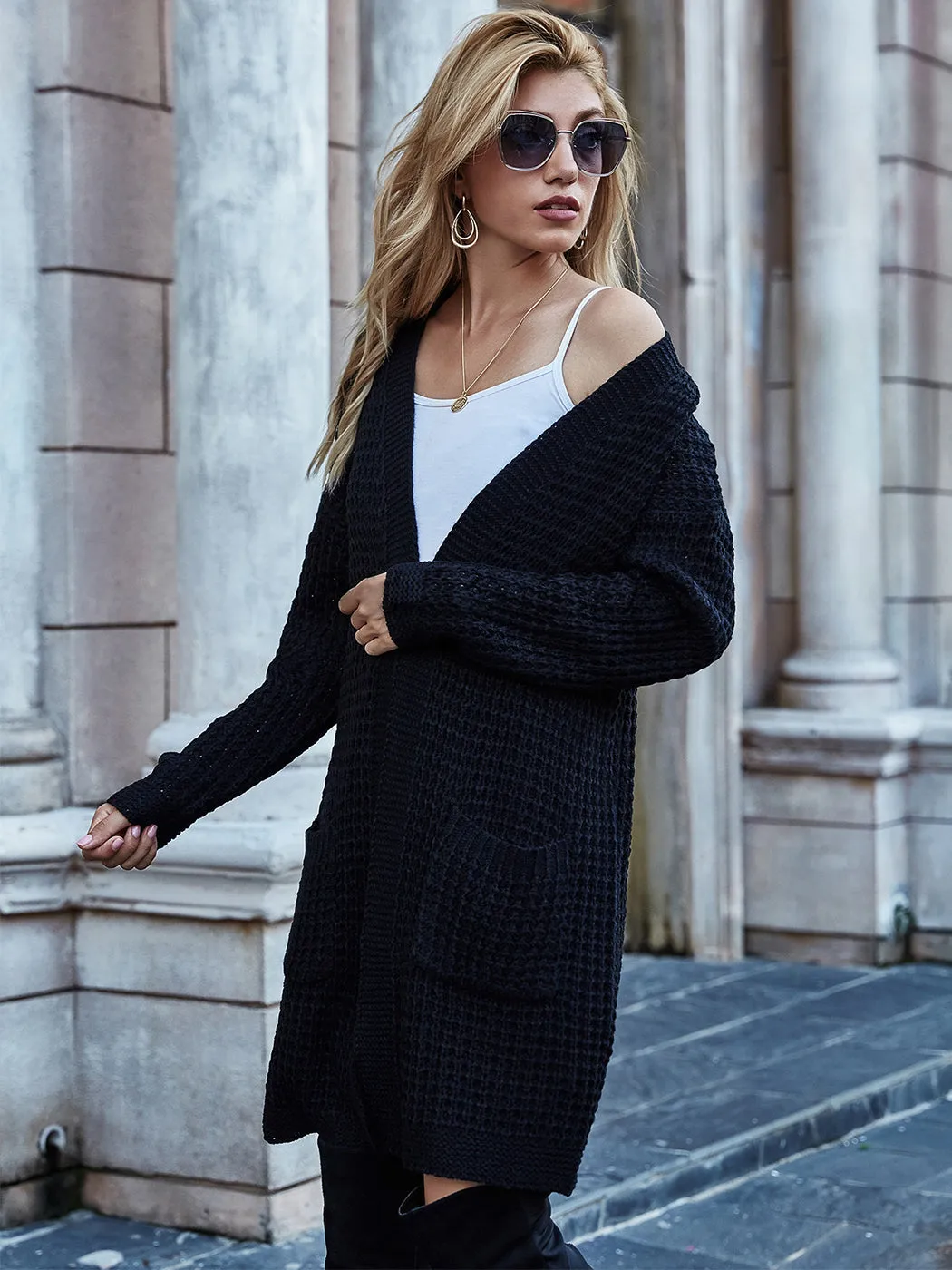 Anna-Kaci Women¡¯s Solid Knit Long Sleeve Cardigan with Pockets, Open Front Lightweight Drop Shoulder Waffle Sweater Cover Up