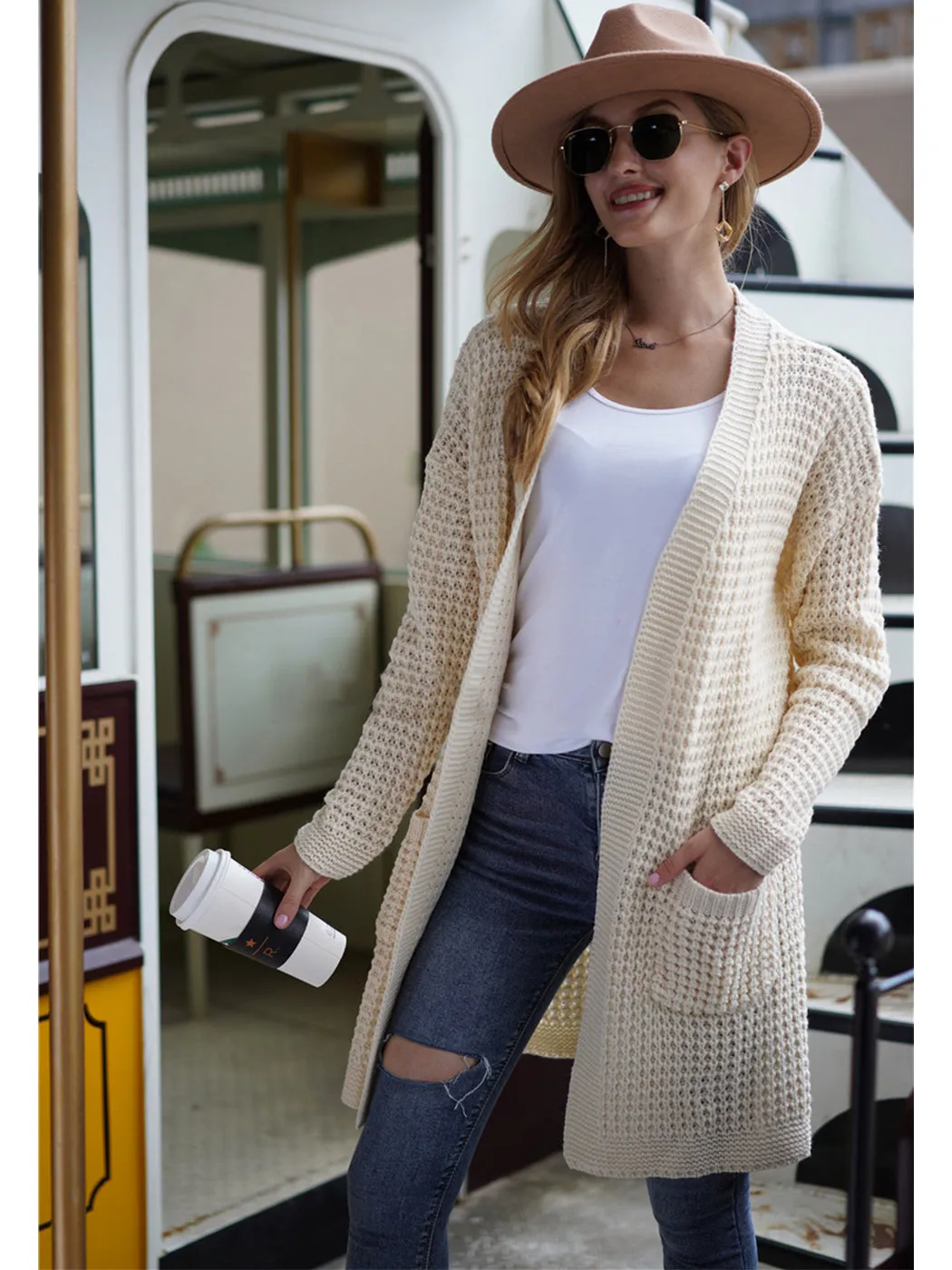 Anna-Kaci Women¡¯s Solid Knit Long Sleeve Cardigan with Pockets, Open Front Lightweight Drop Shoulder Waffle Sweater Cover Up