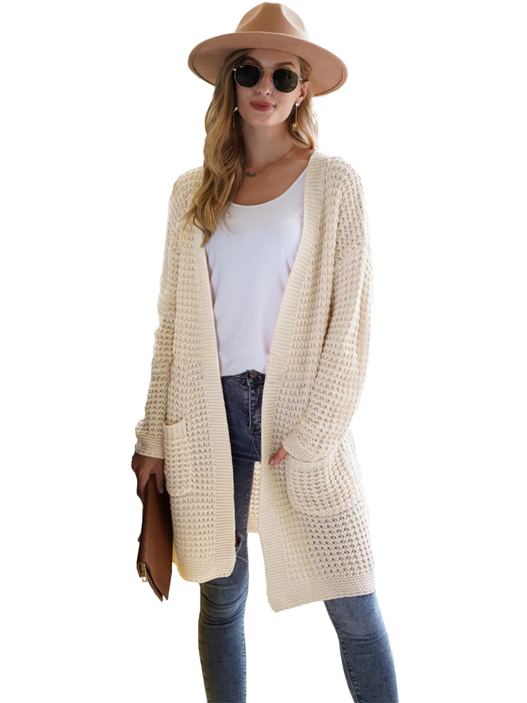 Anna-Kaci Women¡¯s Solid Knit Long Sleeve Cardigan with Pockets, Open Front Lightweight Drop Shoulder Waffle Sweater Cover Up