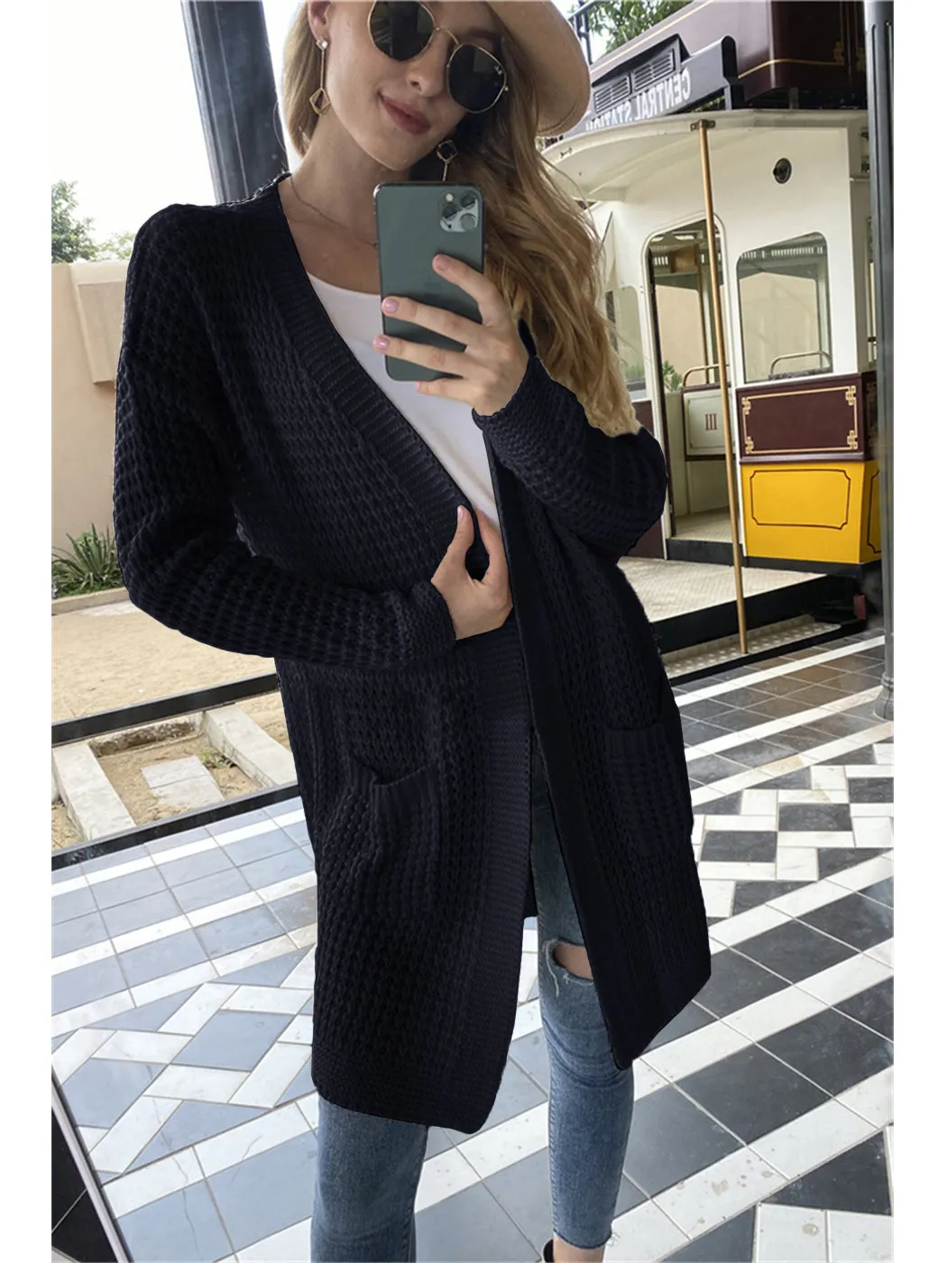 Anna-Kaci Women¡¯s Solid Knit Long Sleeve Cardigan with Pockets, Open Front Lightweight Drop Shoulder Waffle Sweater Cover Up