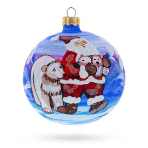 Arctic Buddies: Santa And Polar Bear Festive Blown Glass Ball Christmas Ornament 4 Inches