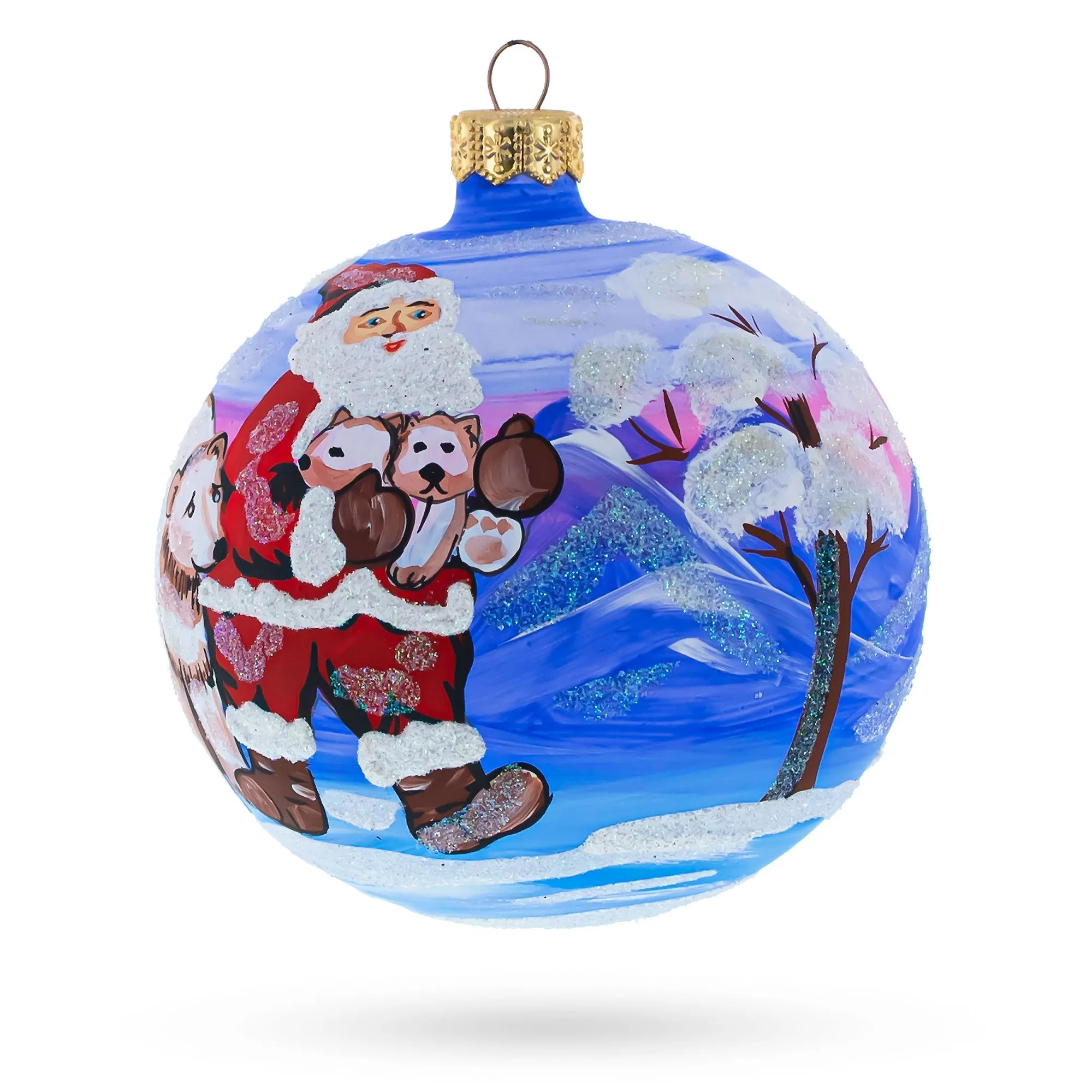 Arctic Buddies: Santa And Polar Bear Festive Blown Glass Ball Christmas Ornament 4 Inches