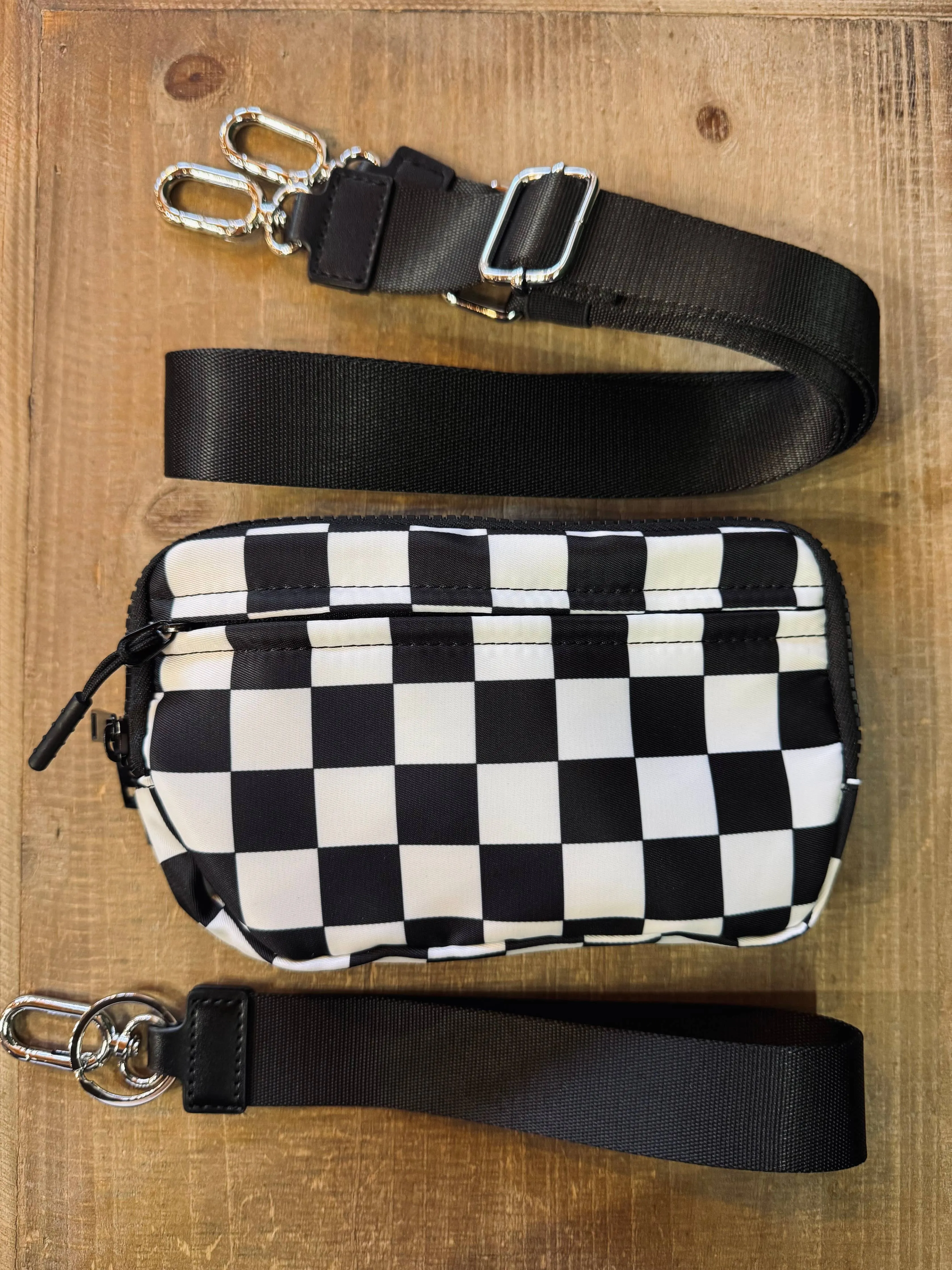 Black and White Check Nylon 2 in 1 Bag Crossbody Wristlet