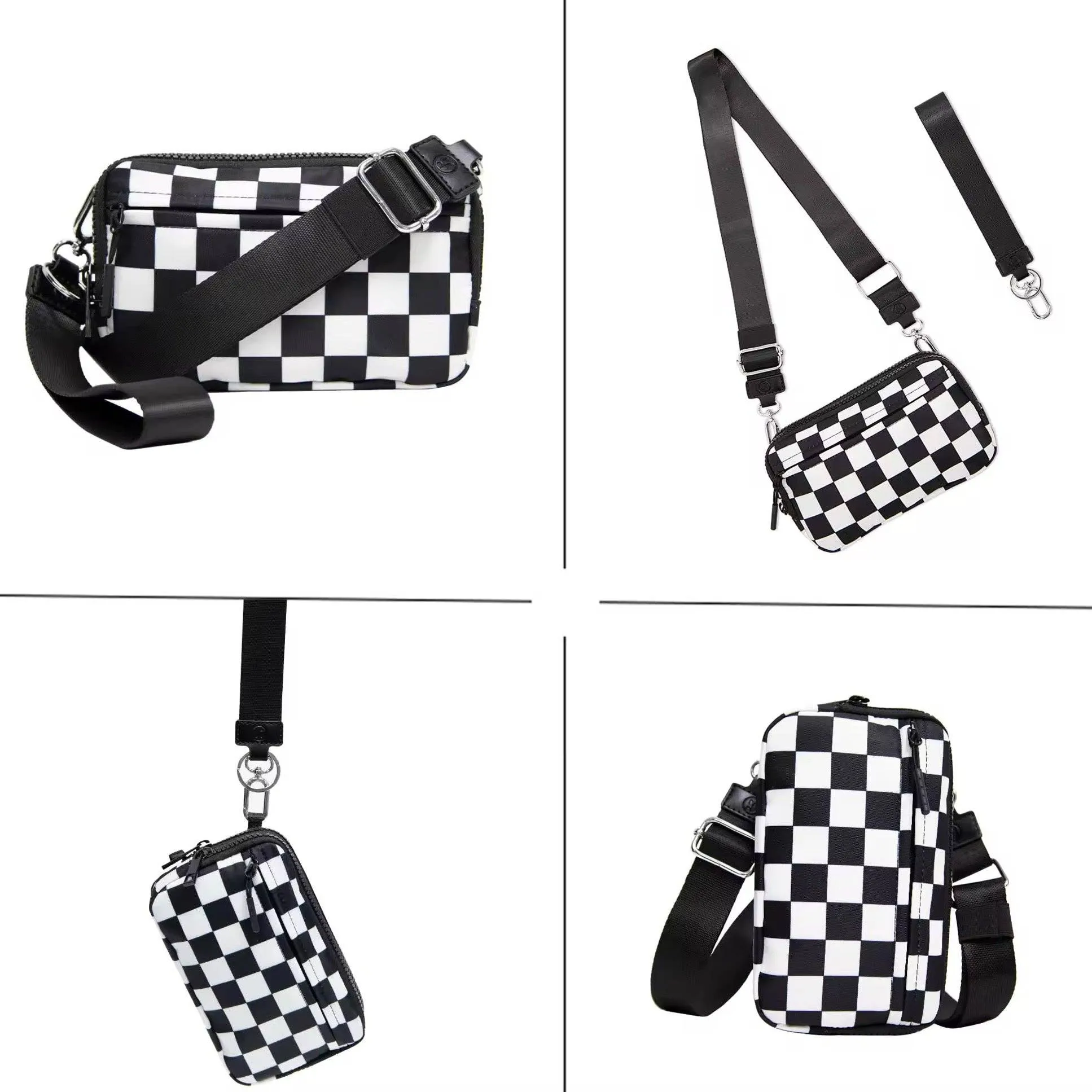 Black and White Check Nylon 2 in 1 Bag Crossbody Wristlet