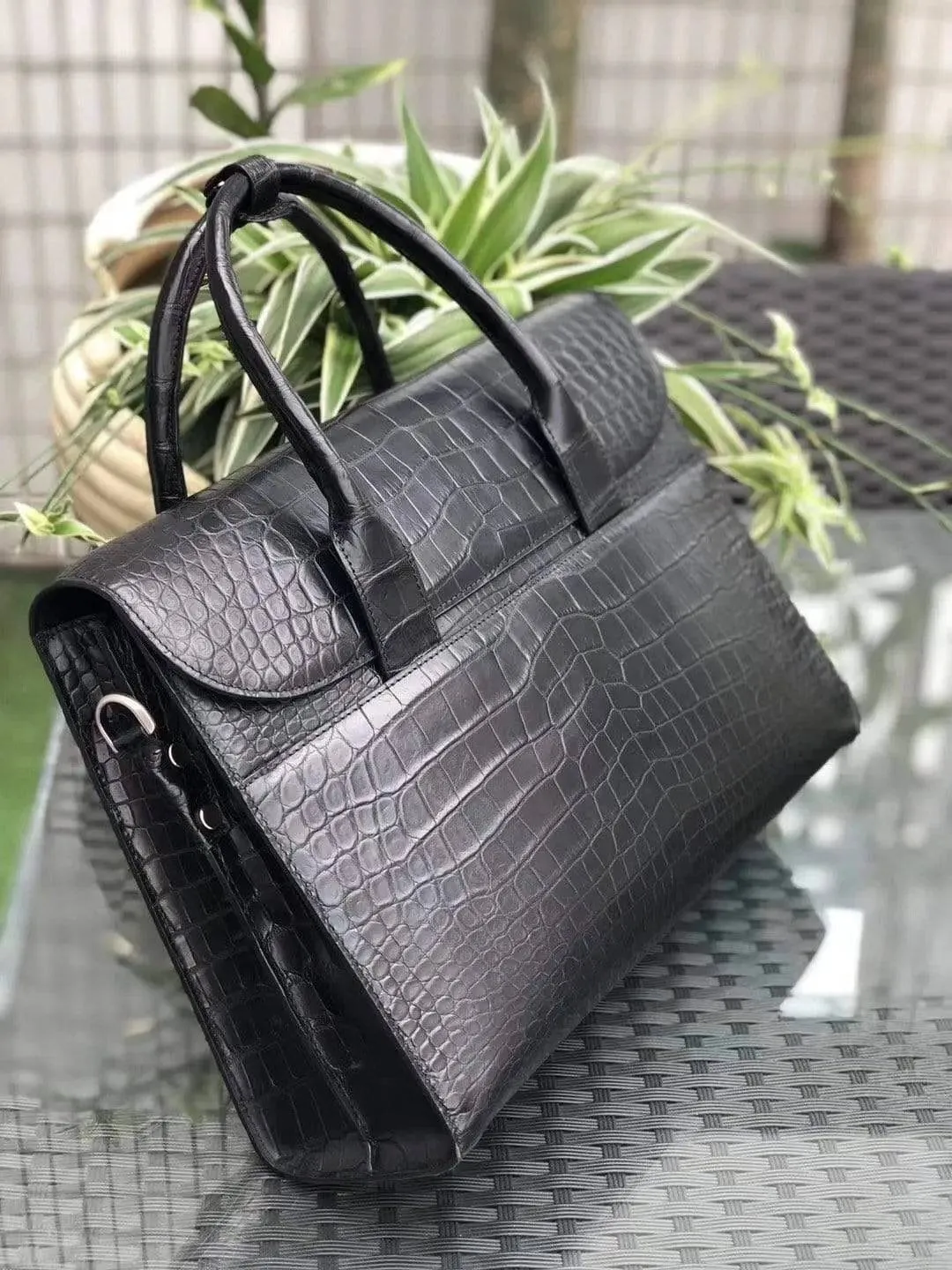 Black Genuine Crocodile Leather Foldover Briefcase