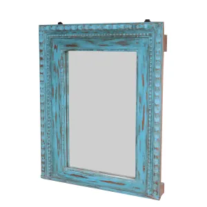 Blue folk beads traditional hand carved solid wooden mirror