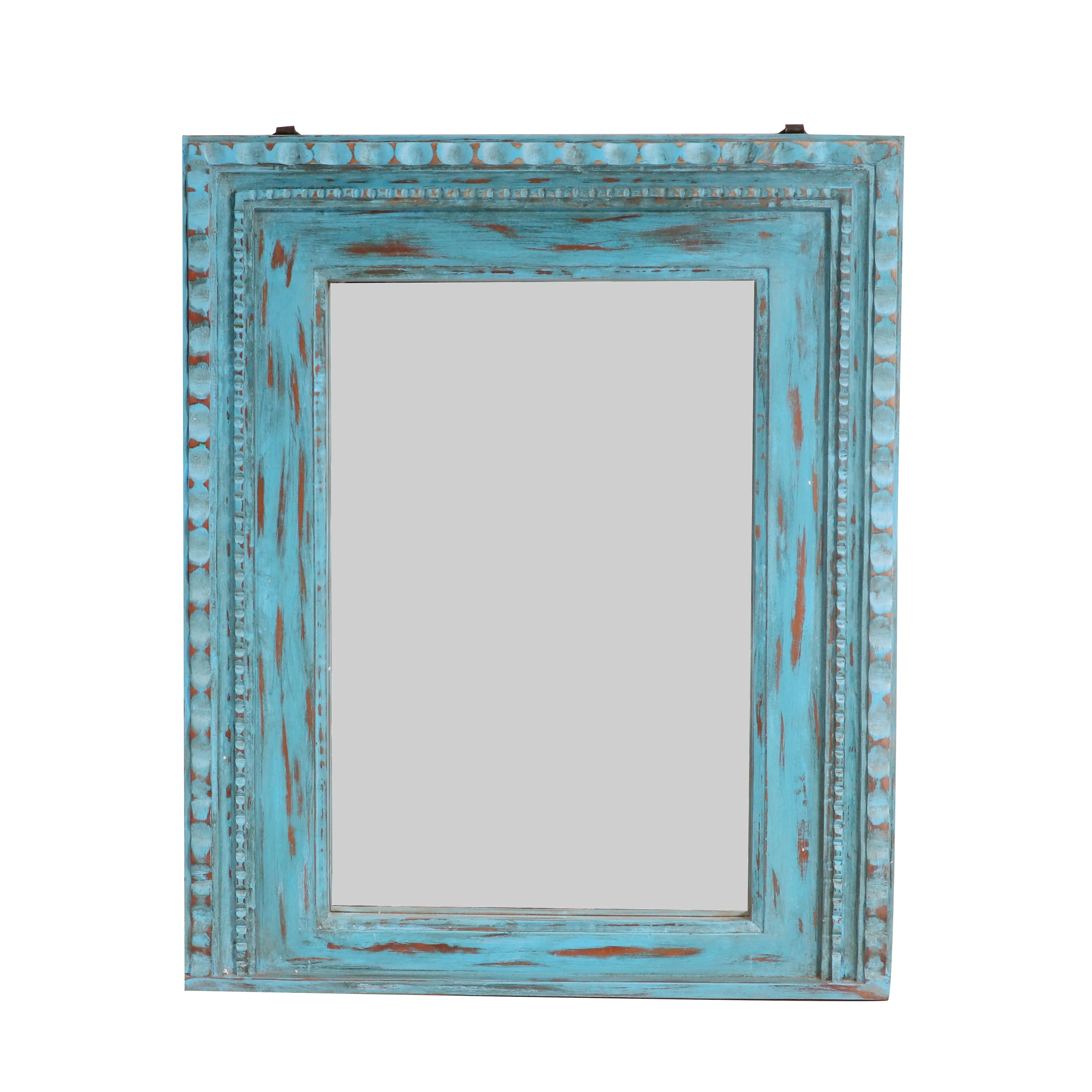 Blue folk beads traditional hand carved solid wooden mirror