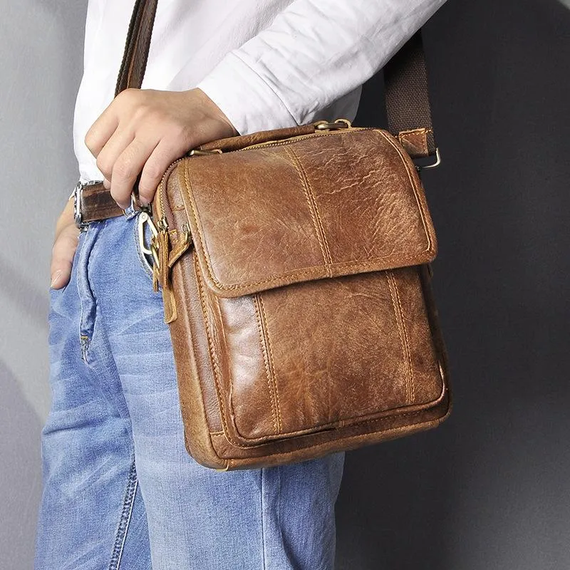 Brown LEATHER MENS Vertical SIDE BAG Small COURIER BAG Vertical Handbag MESSENGER BAG FOR MEN