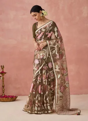 Brown Stunning Brasso Organza Festive Saree