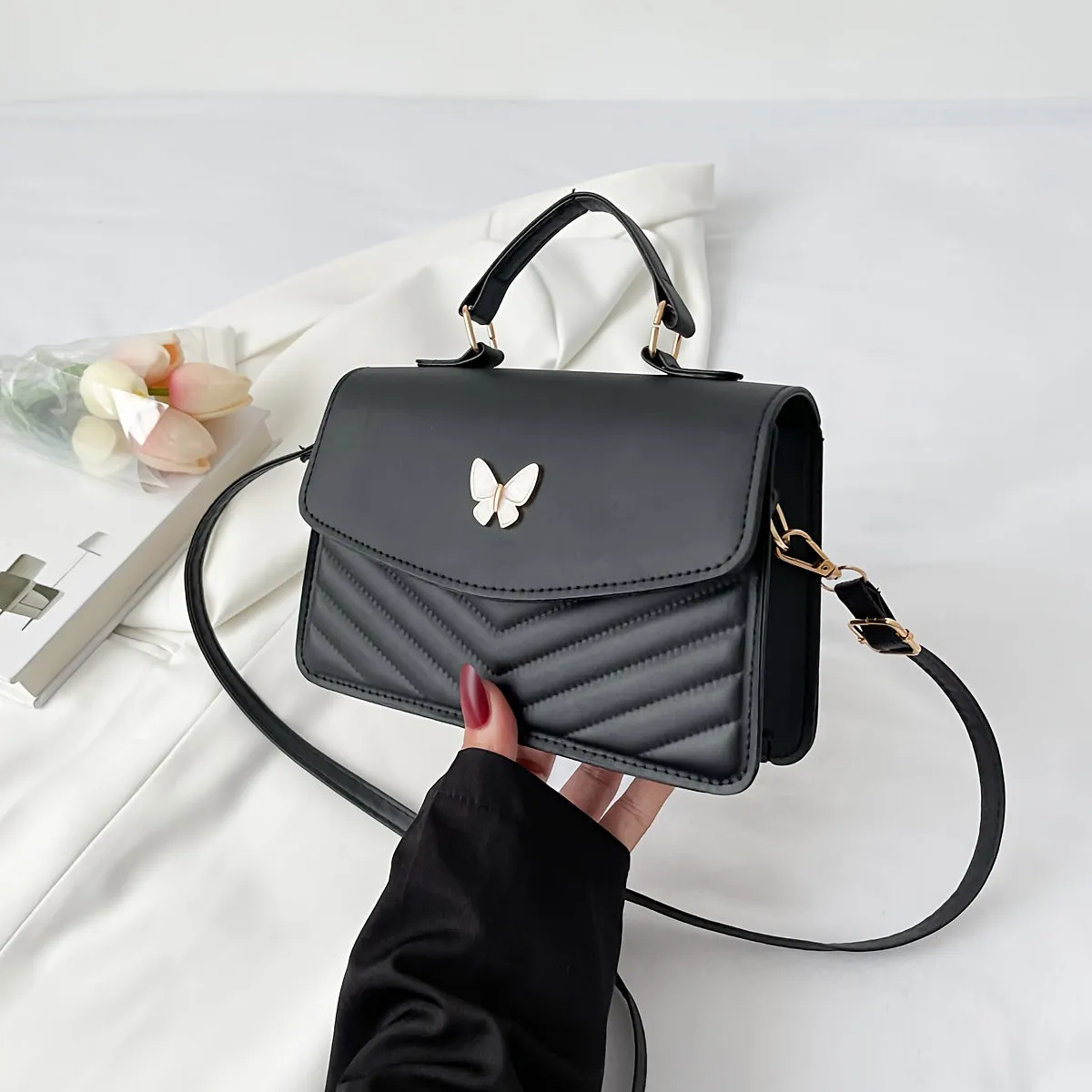 Butterfly Glamour - Fashionable Solid Color Crossbody Bag with Chic Chain Strap, Versatile Square Purse for Women - Durable & Spacious