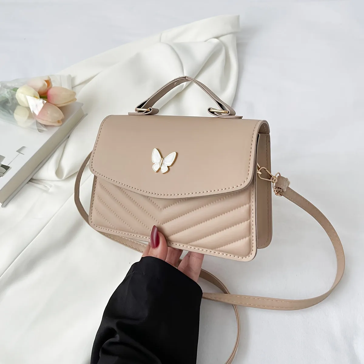 Butterfly Glamour - Fashionable Solid Color Crossbody Bag with Chic Chain Strap, Versatile Square Purse for Women - Durable & Spacious