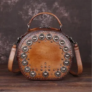 Cool Ladies Rivets Leather Circle Bag Crossbody Purse For Women