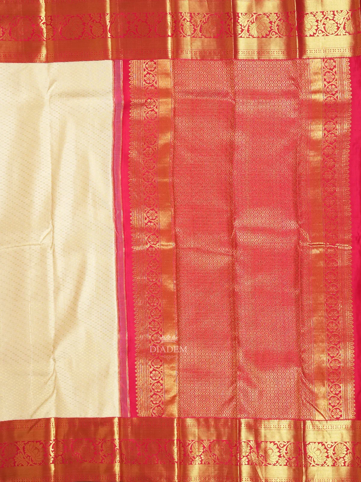 Cream Pure Kanchipuram Silk Saree With Floral and Diamond Patterns On the Body With Designed Contrast Border