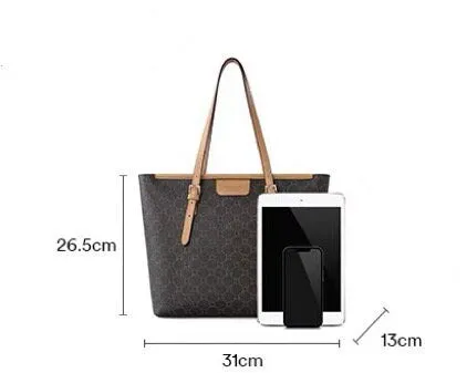 Cute Brown, Khaki & Off-White Contrast Color Minimalist Monogram Luxury PVC Leather Large Capacity Women’s Handbag, Shoulder Bag, Tote Bag