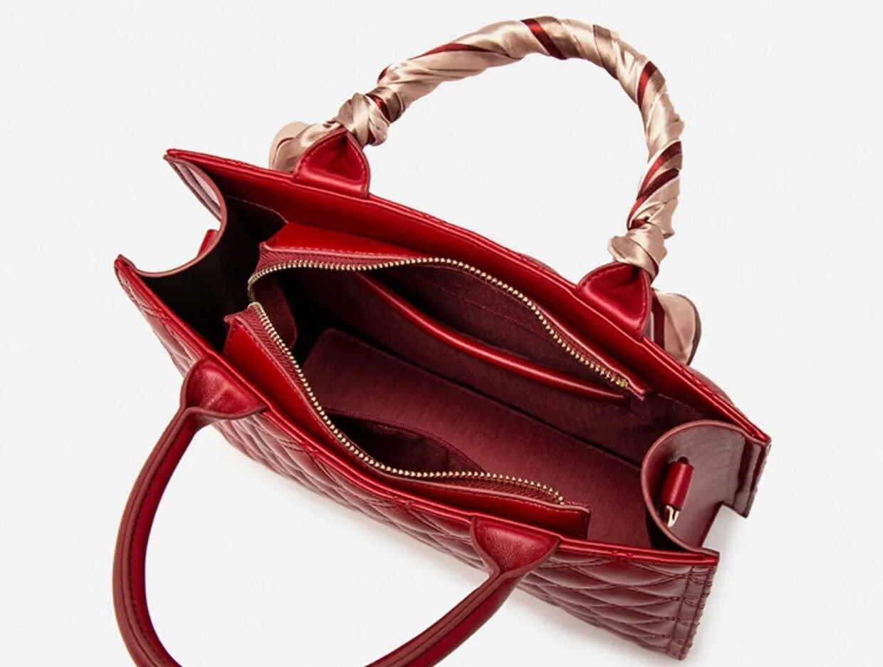 Cute Red Minimalist Geometric Pattern Rhombus Luxury Genuine Leather Pearl Strap Decor Handheld Handbag for Women   Satin Scarf Decor