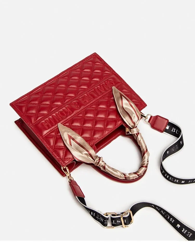 Cute Red Minimalist Geometric Pattern Rhombus Luxury Genuine Leather Pearl Strap Decor Handheld Handbag for Women   Satin Scarf Decor