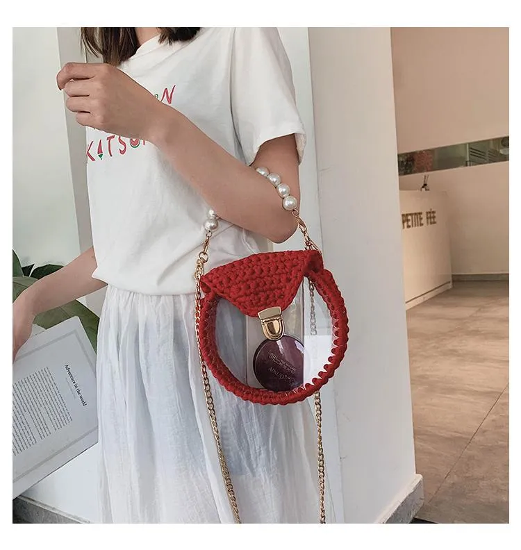 Cute Round Purple(Flap) Crochet Crossbody Purse PMMA Crochet Shoulder Round Handbag for Girl Circle Crochet Crossbody Purses