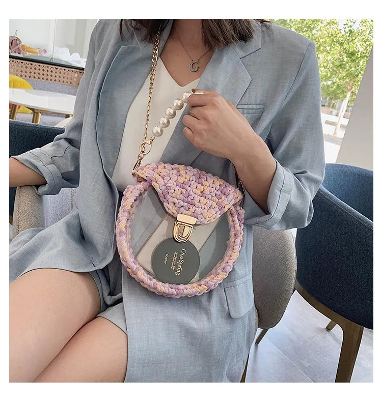 Cute Round Purple(Flap) Crochet Crossbody Purse PMMA Crochet Shoulder Round Handbag for Girl Circle Crochet Crossbody Purses