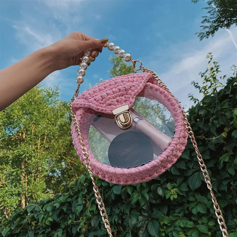 Cute Round Purple(Flap) Crochet Crossbody Purse PMMA Crochet Shoulder Round Handbag for Girl Circle Crochet Crossbody Purses