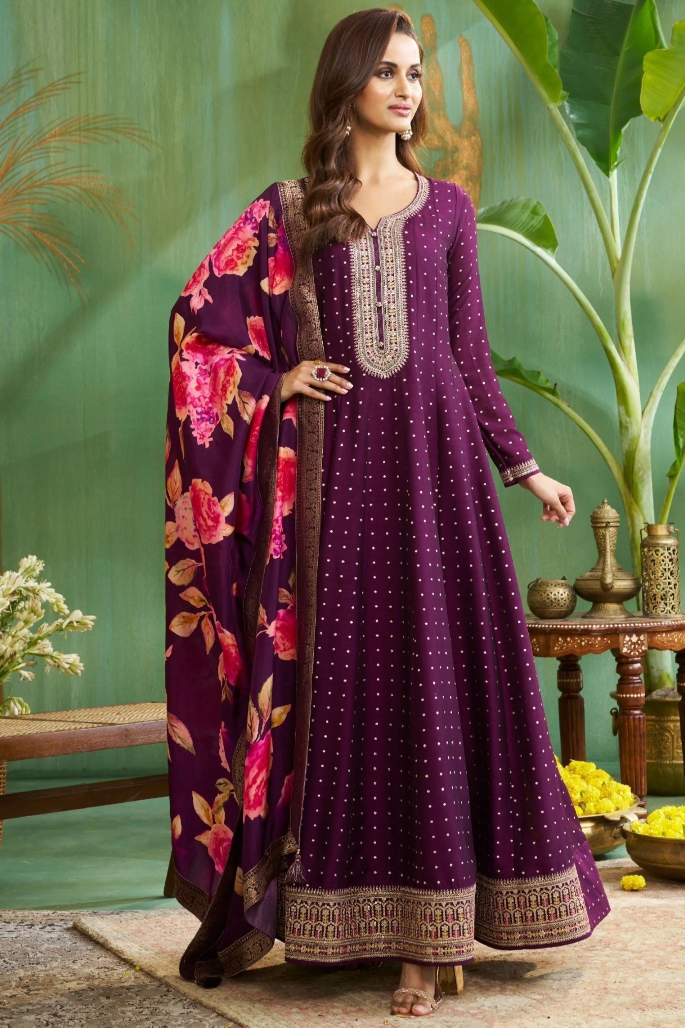 Deep Purple Embellished Raw Silk Anarkali Set