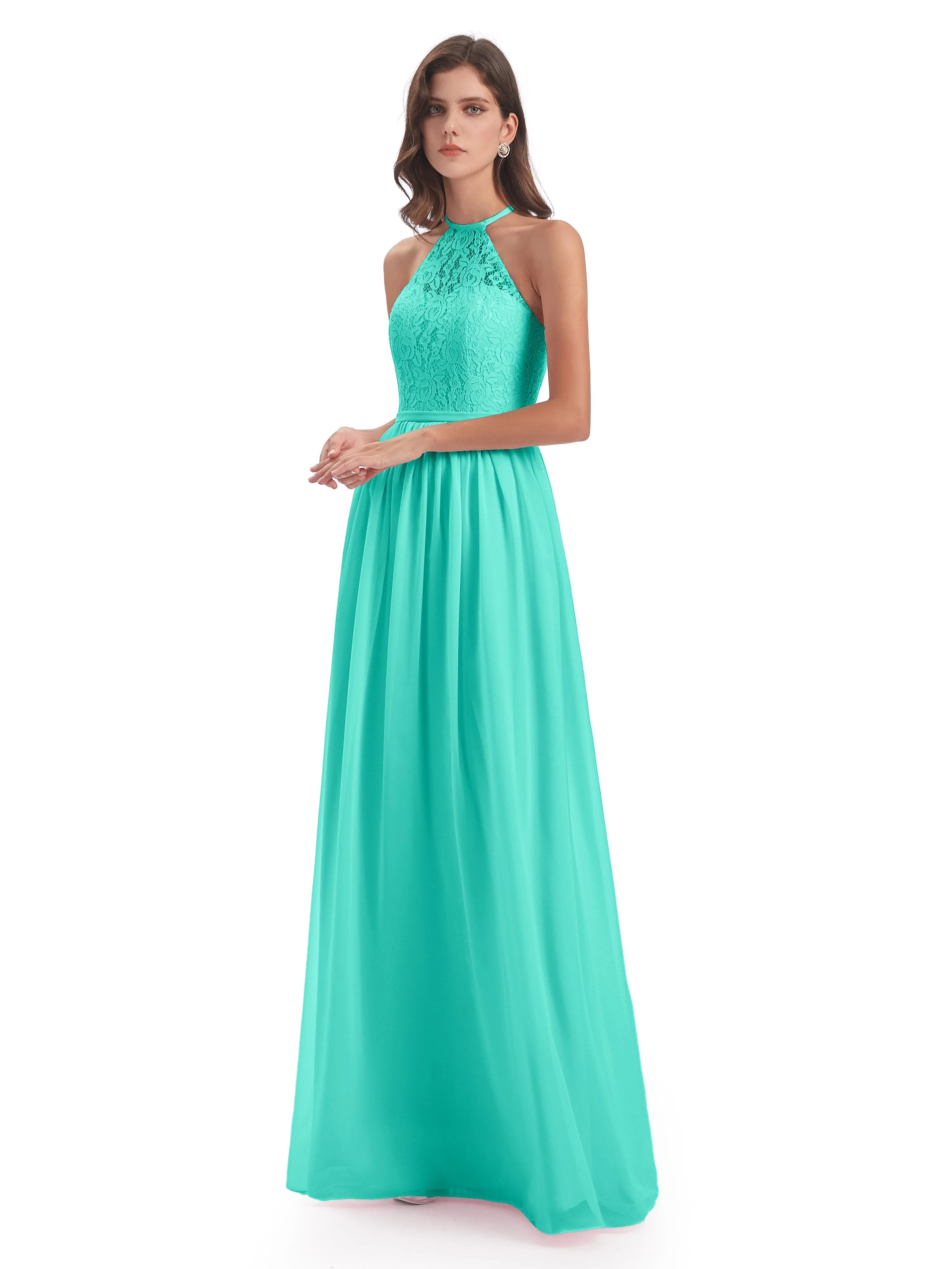 Emma Stunning Halter Floor Length Lace/Chiffon Bridesmaid Dresses