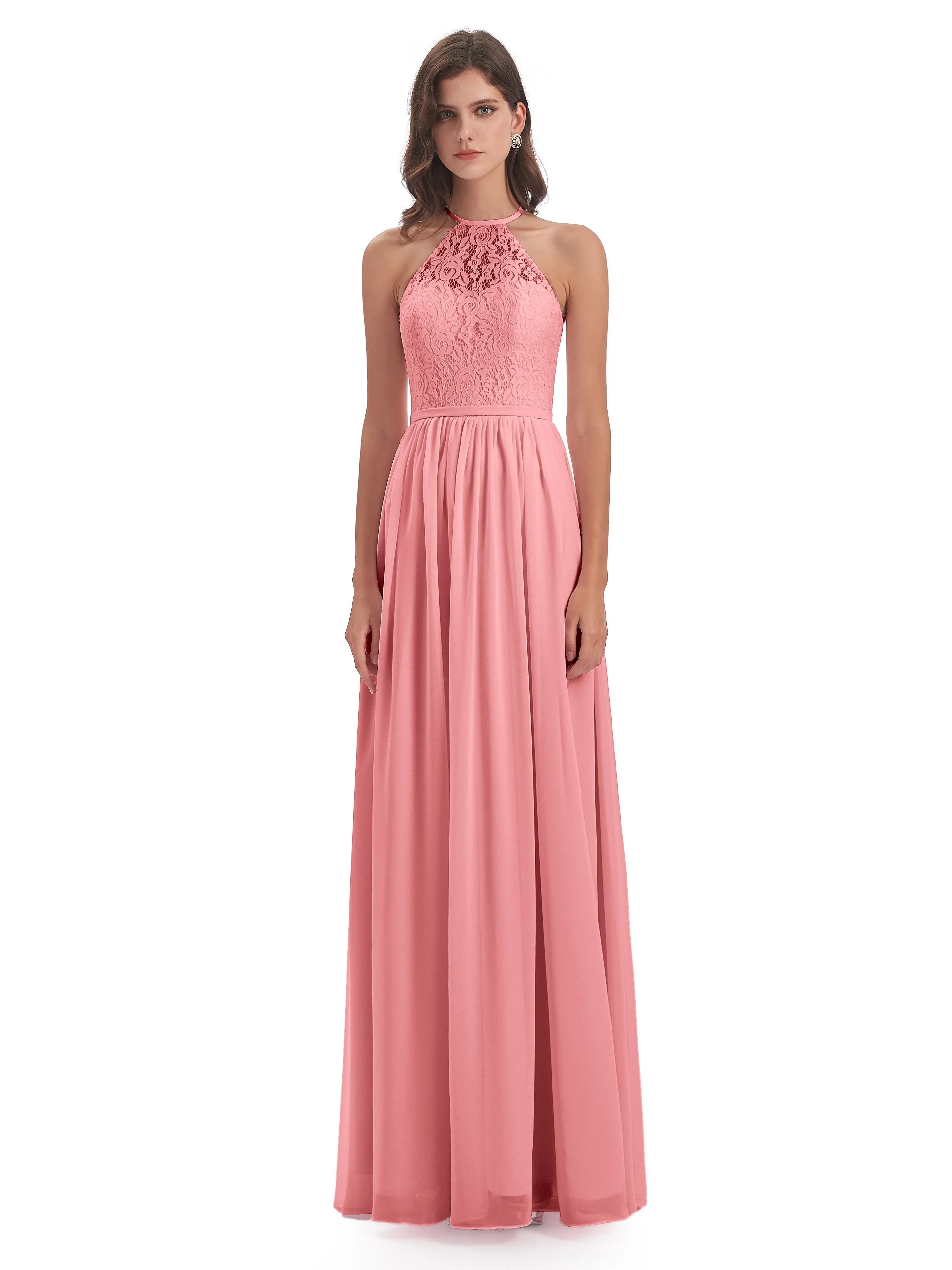 Emma Stunning Halter Floor Length Lace/Chiffon Bridesmaid Dresses