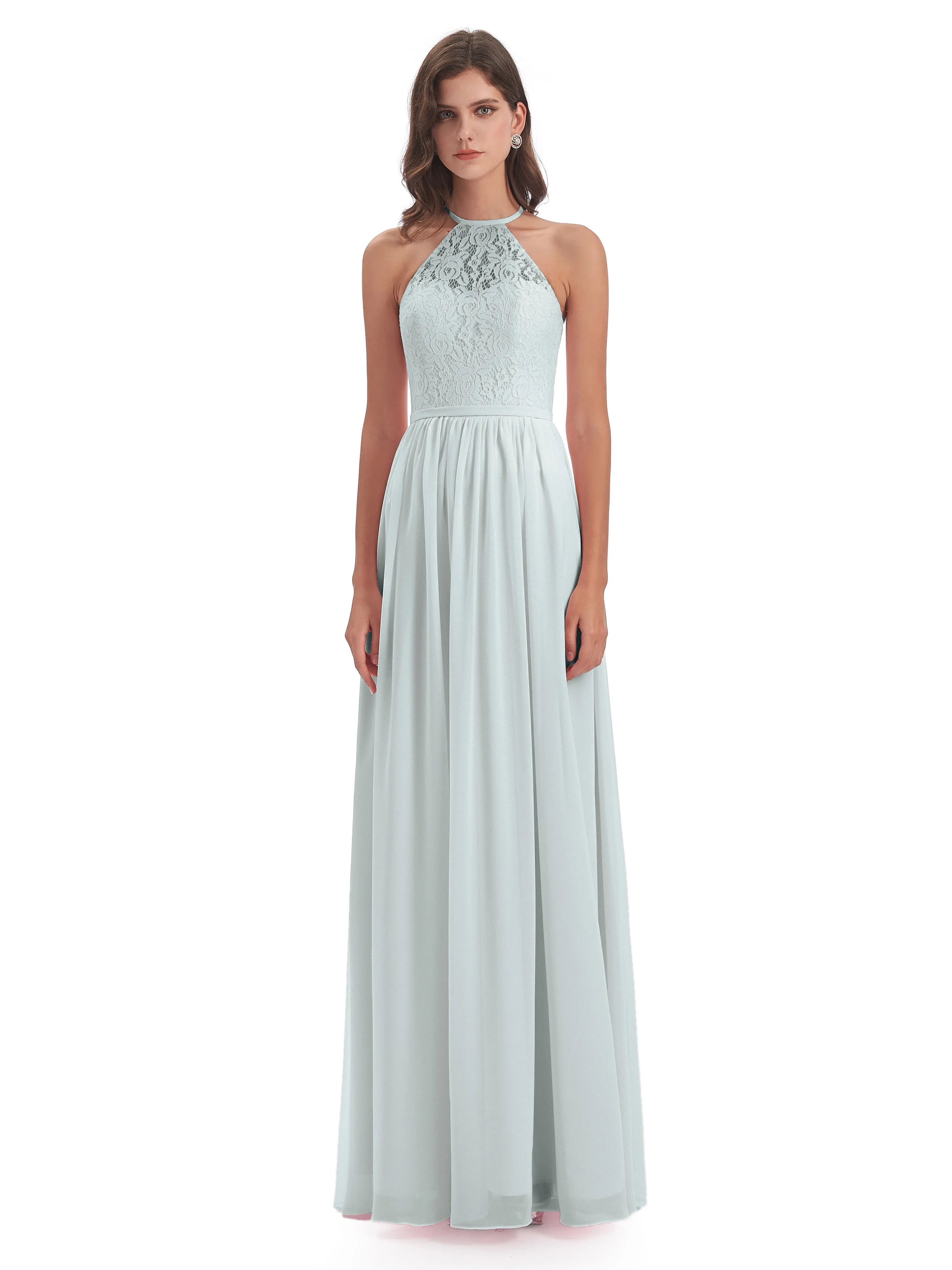 Emma Stunning Halter Floor Length Lace/Chiffon Bridesmaid Dresses