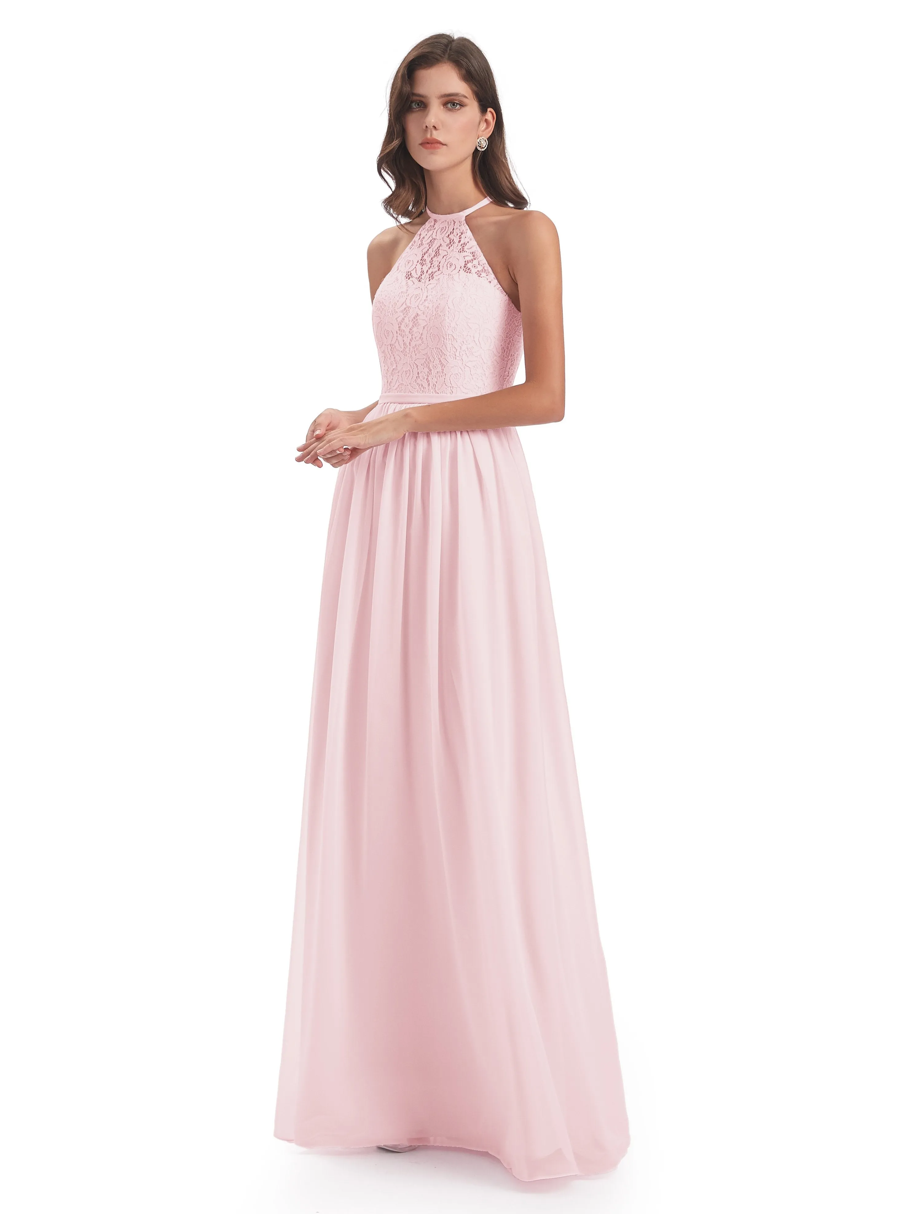 Emma Stunning Halter Floor Length Lace/Chiffon Bridesmaid Dresses