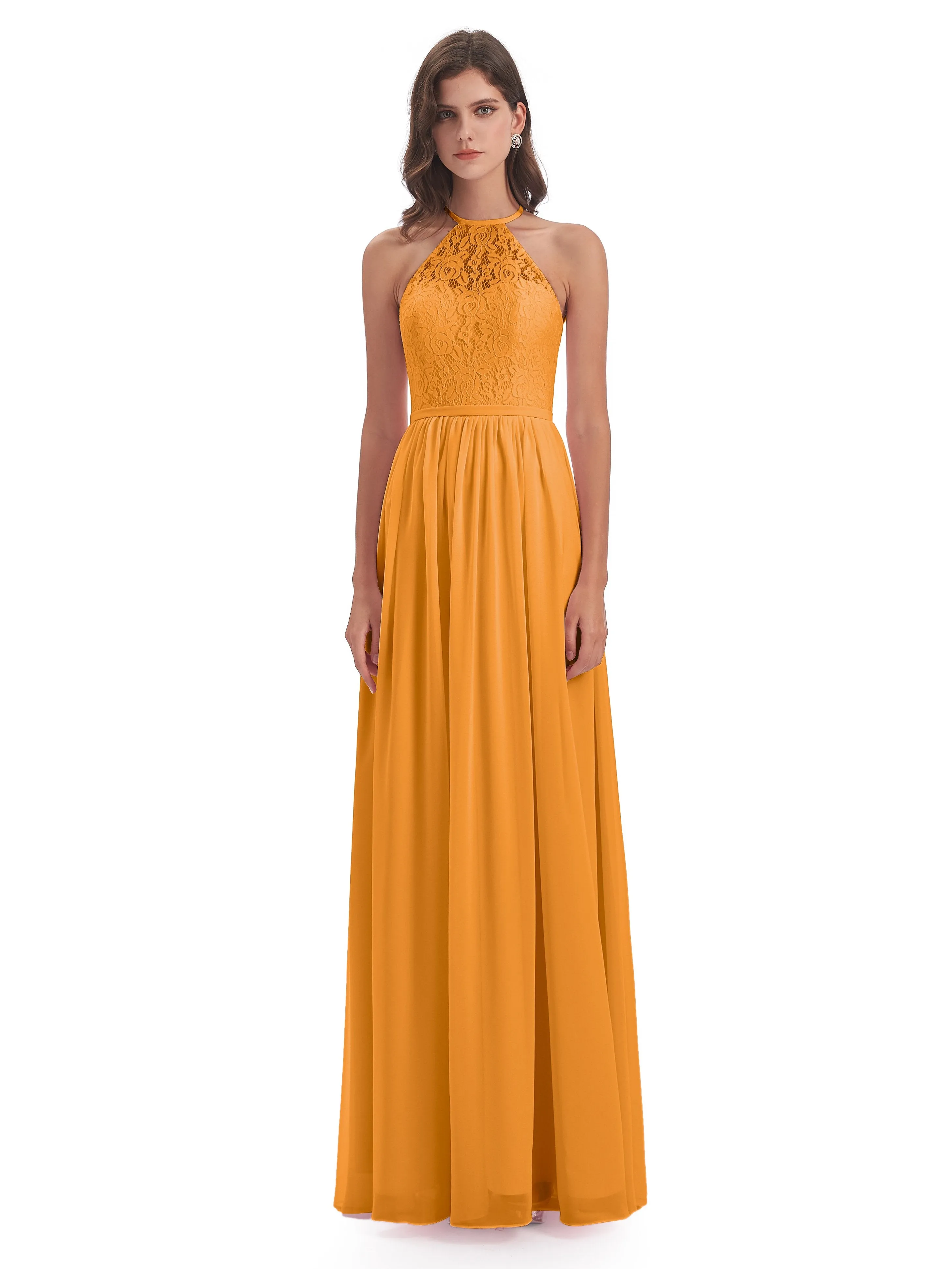 Emma Stunning Halter Floor Length Lace/Chiffon Bridesmaid Dresses