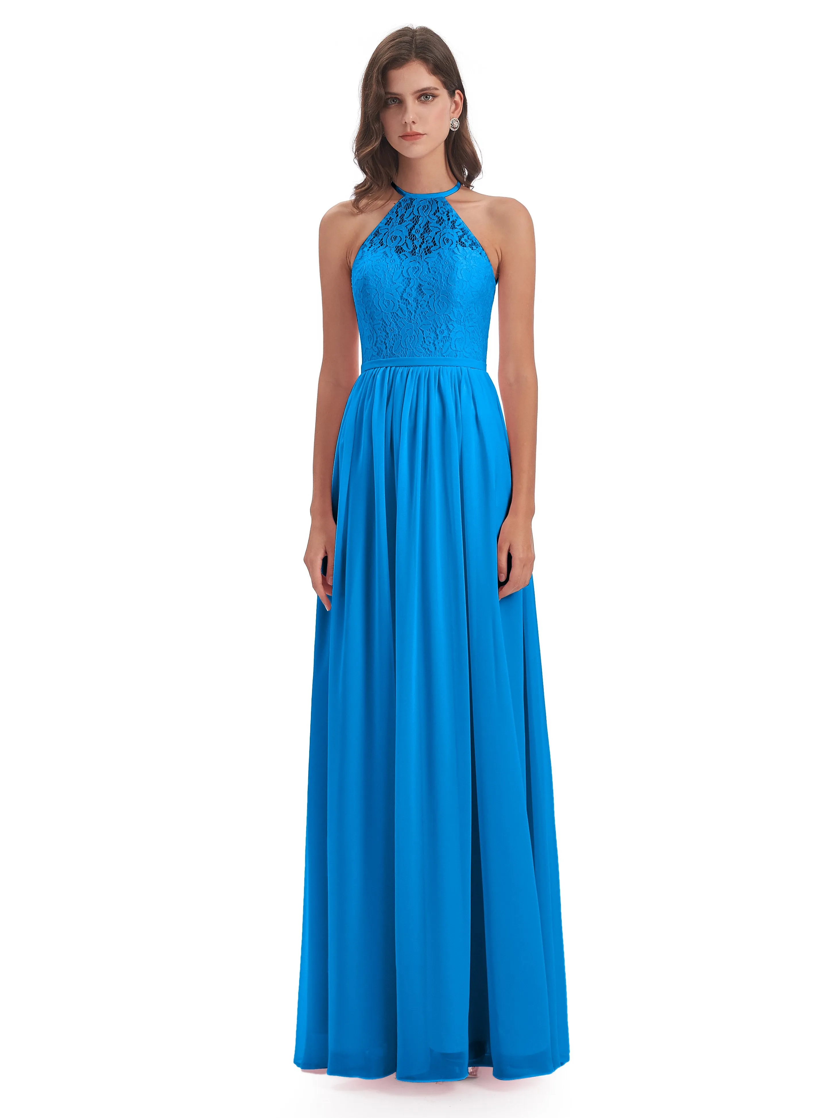 Emma Stunning Halter Floor Length Lace/Chiffon Bridesmaid Dresses