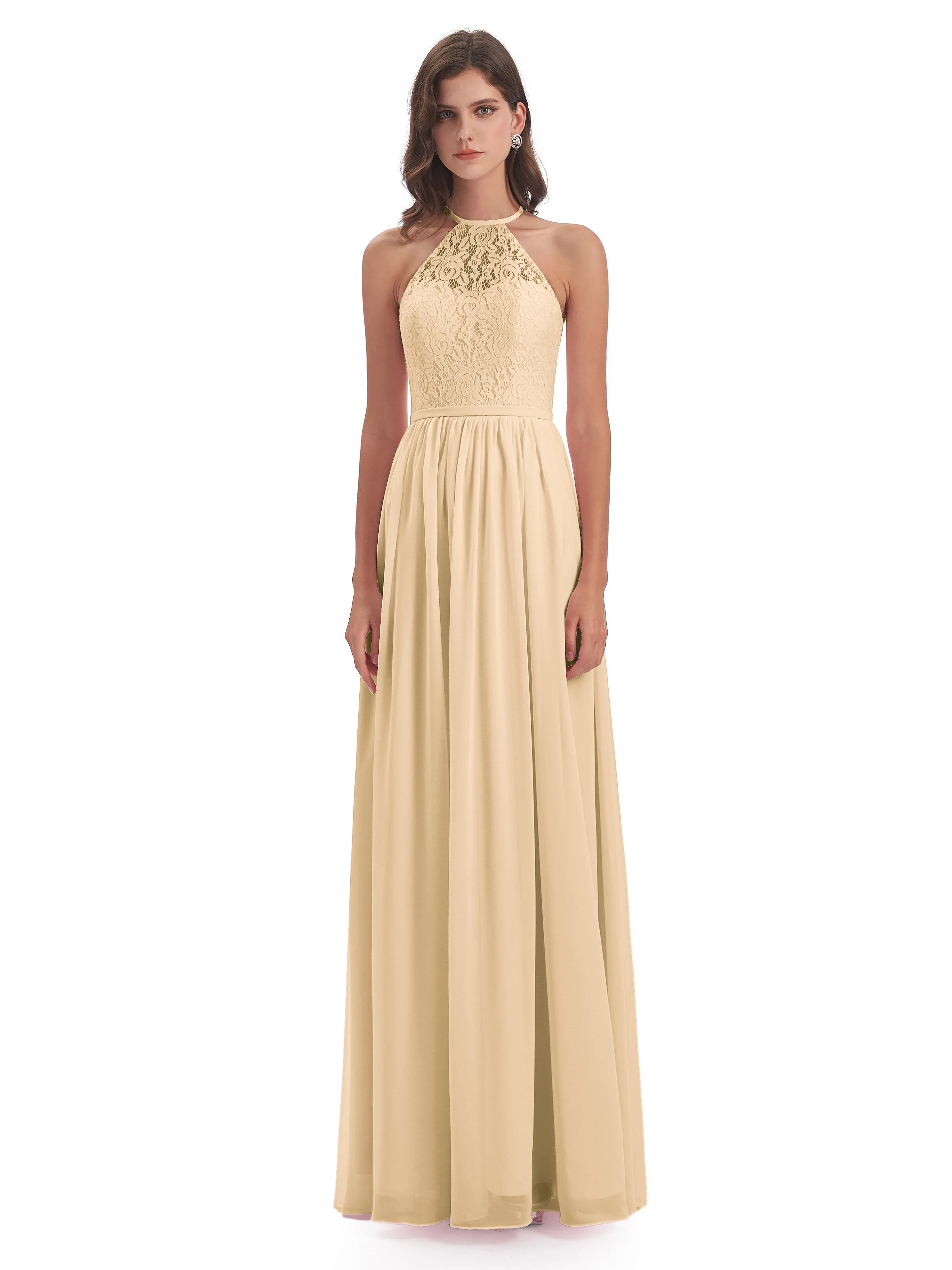 Emma Stunning Halter Floor Length Lace/Chiffon Bridesmaid Dresses