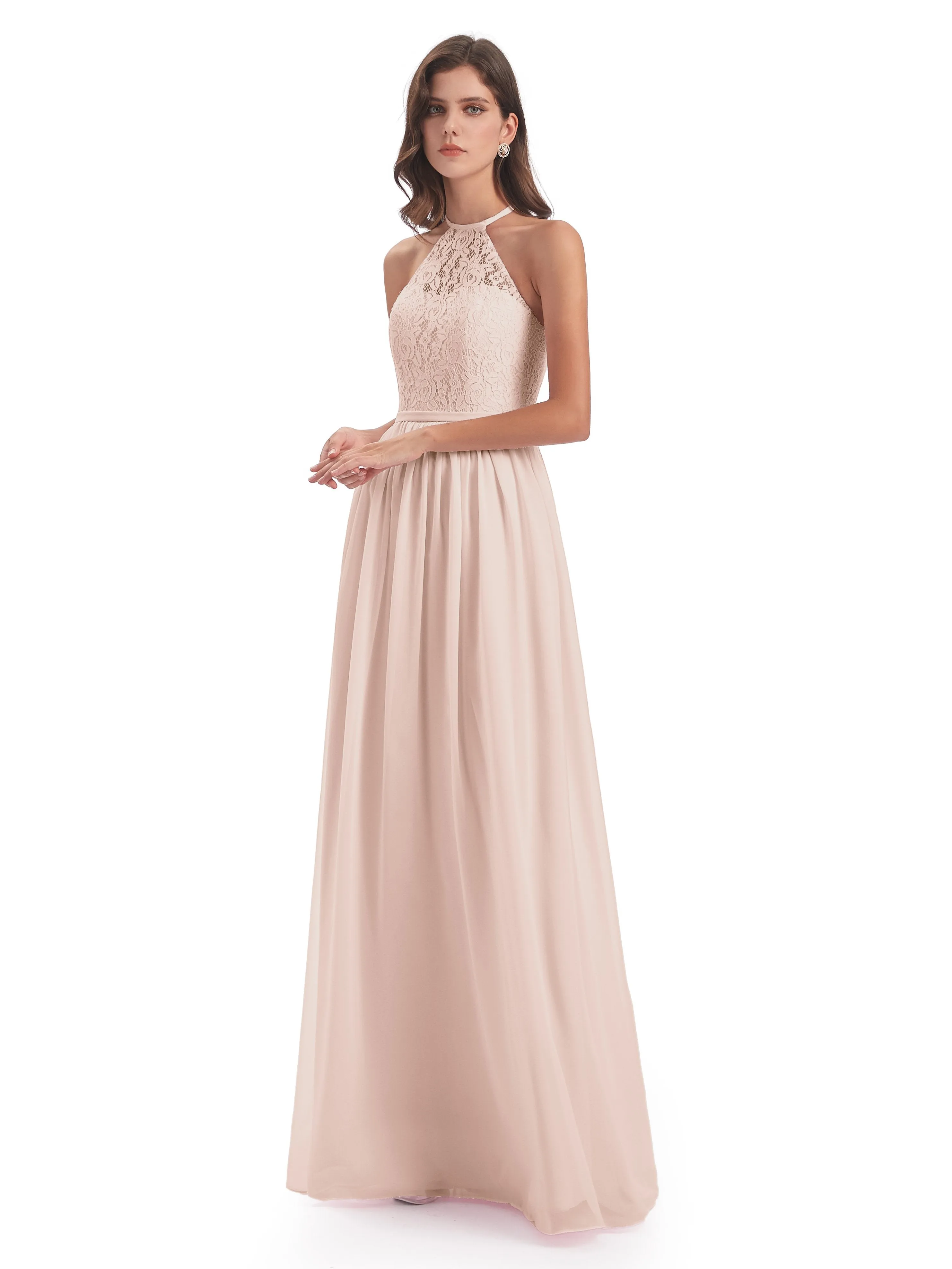 Emma Stunning Halter Floor Length Lace/Chiffon Bridesmaid Dresses