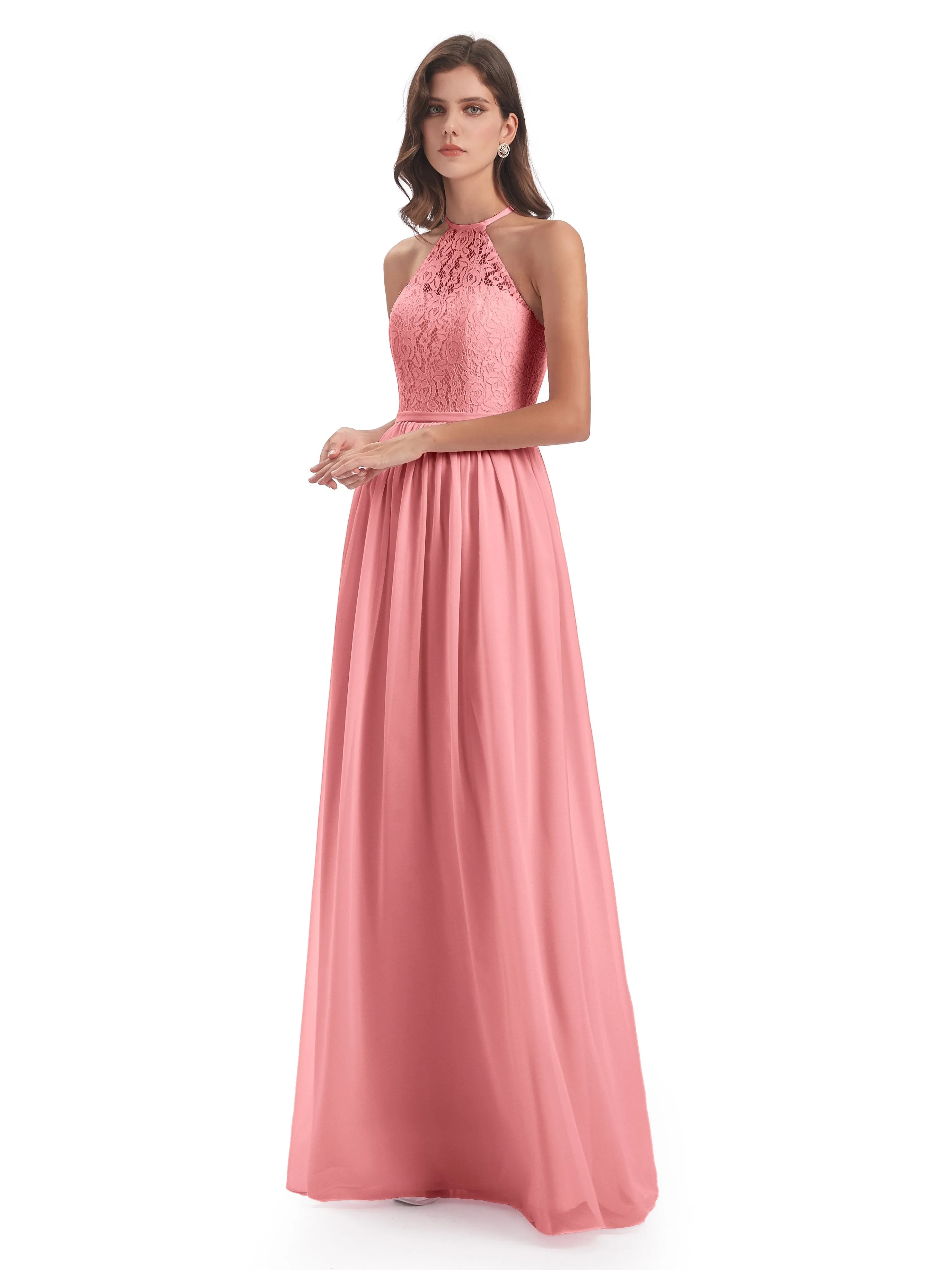 Emma Stunning Halter Floor Length Lace/Chiffon Bridesmaid Dresses