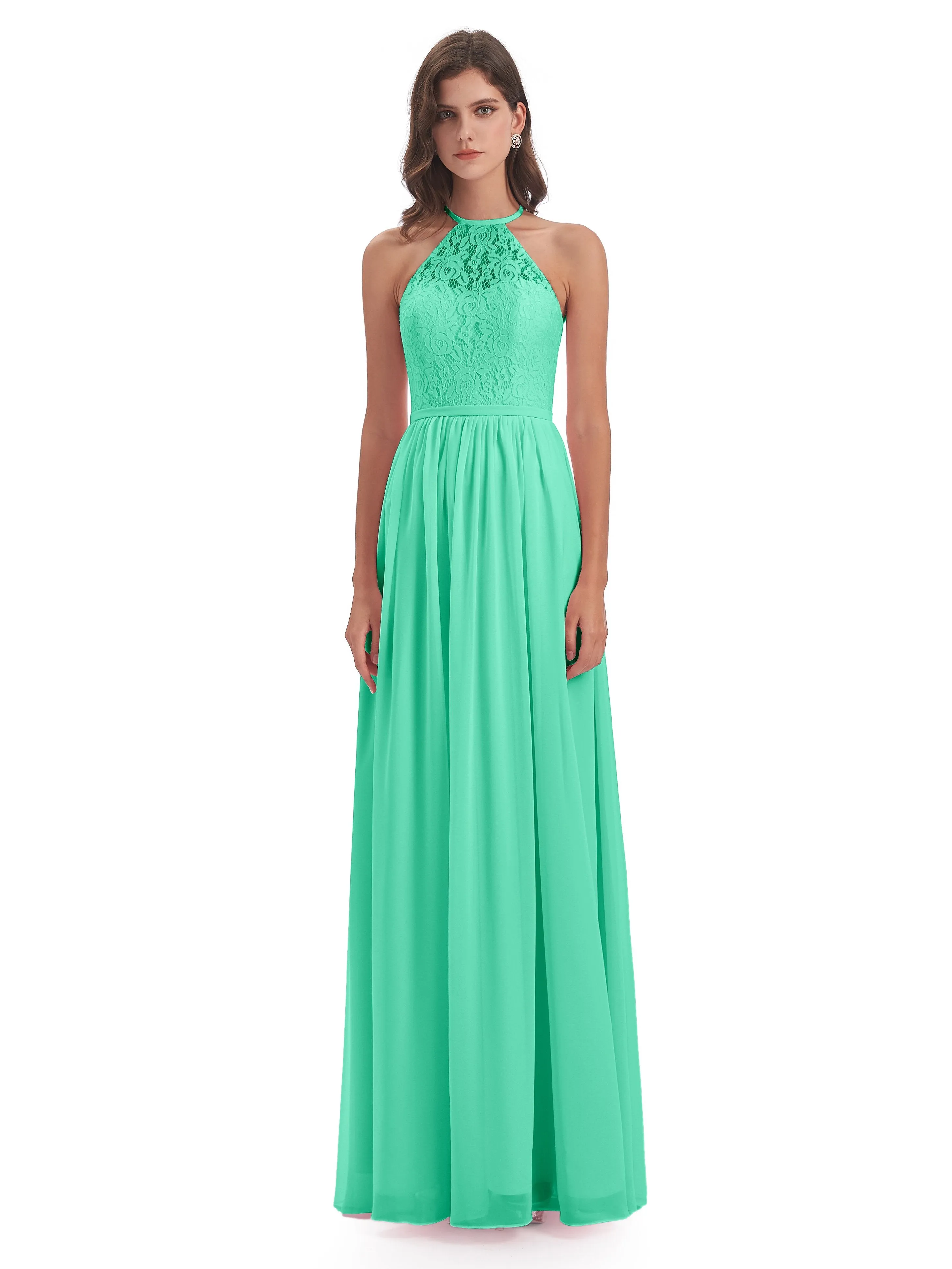 Emma Stunning Halter Floor Length Lace/Chiffon Bridesmaid Dresses